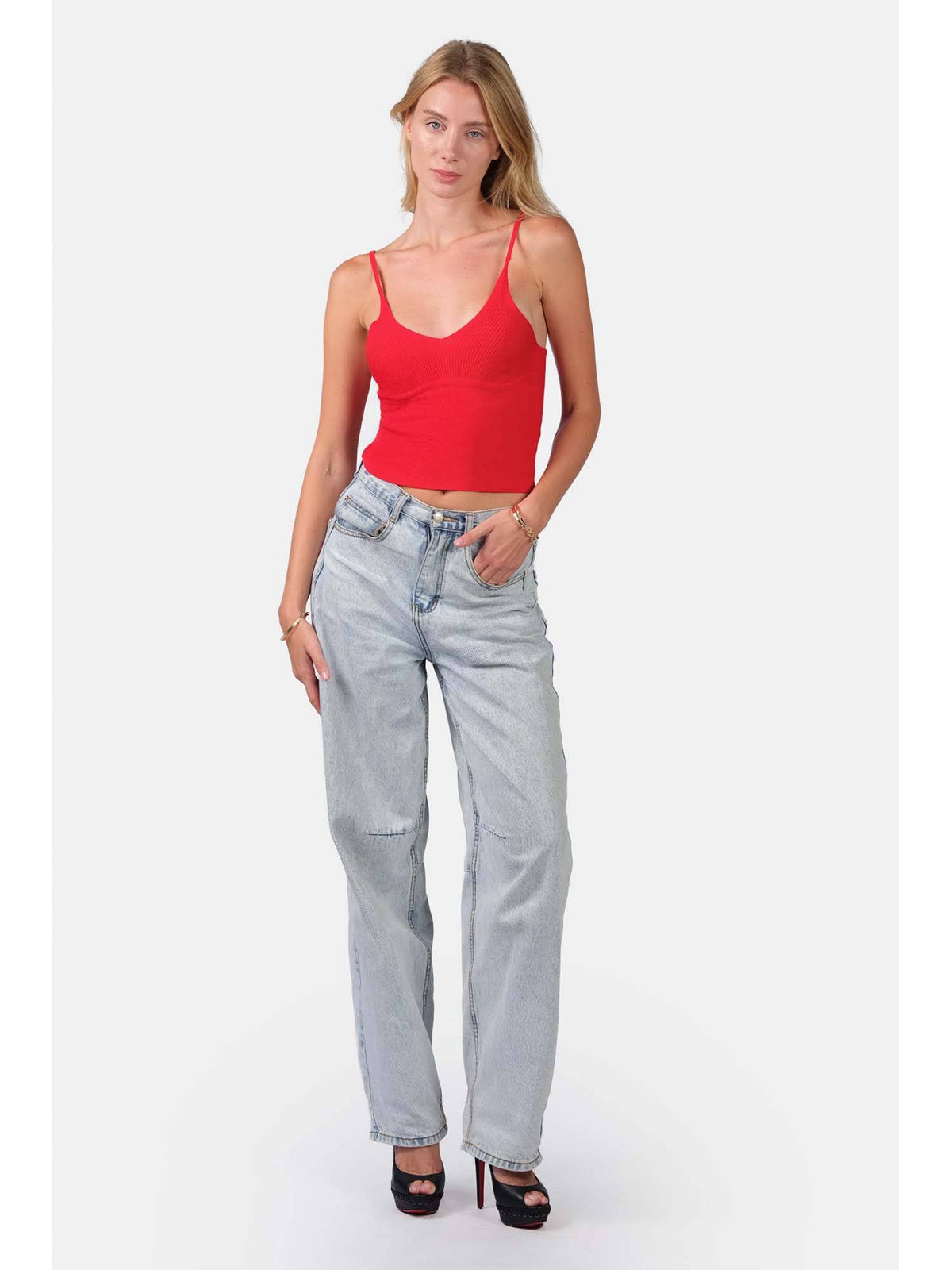 Self Design Viscose Slim Fit Strappy Knit Sleeveless Red Cami for Women | TT98 - view 2
