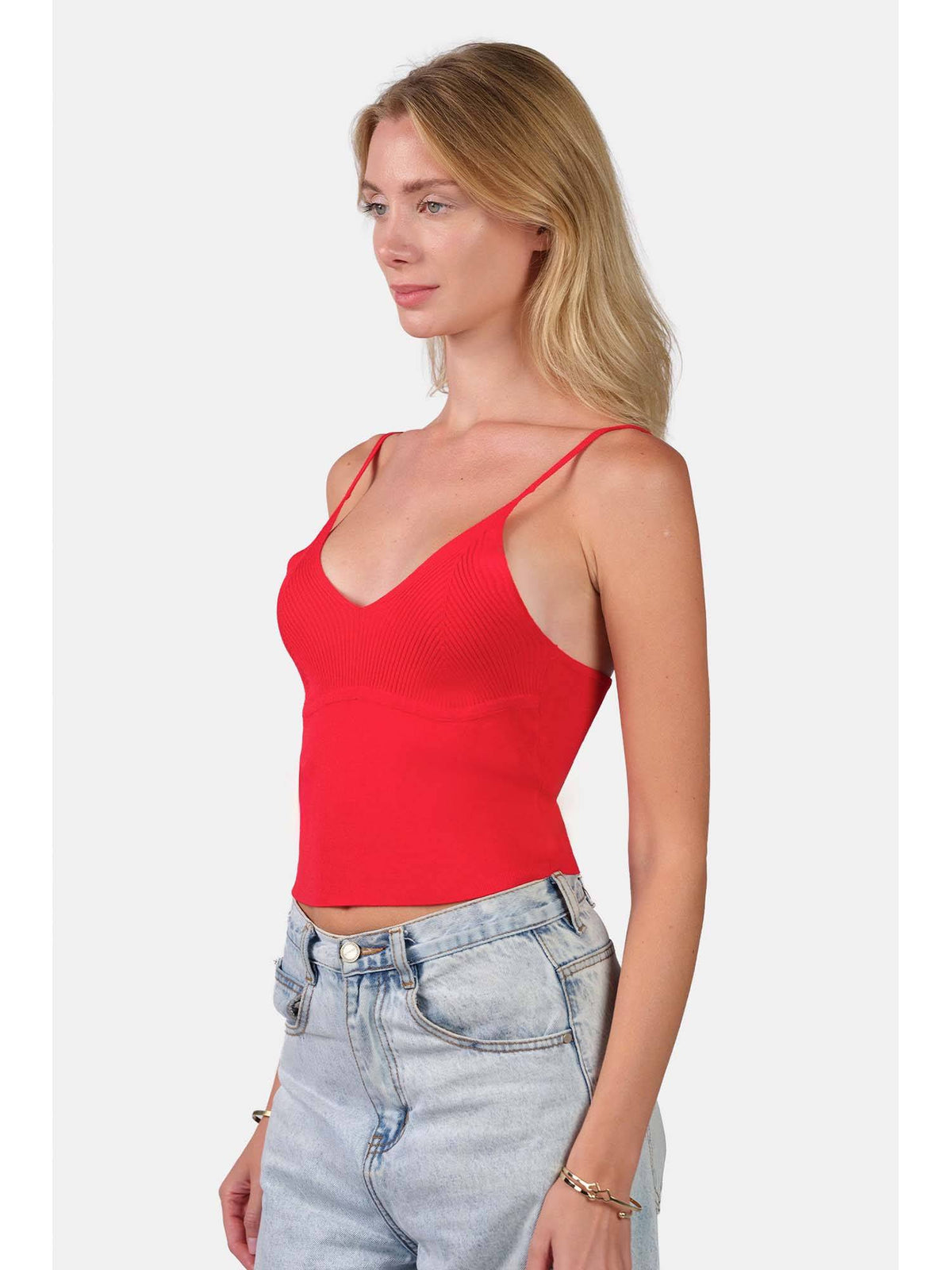 Self Design Viscose Slim Fit Strappy Knit Sleeveless Red Cami for Women | TT98 - view 3