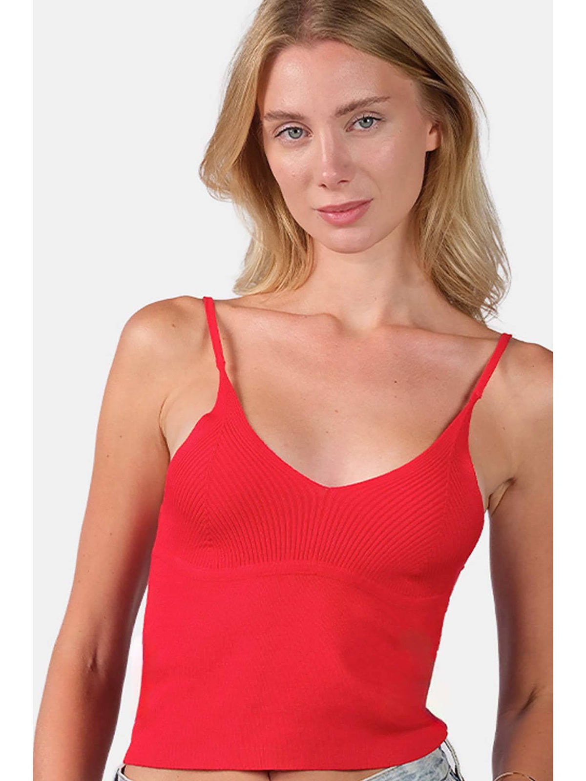 Self Design Viscose Slim Fit Strappy Knit Sleeveless Red Cami for Women | TT98 - view 4