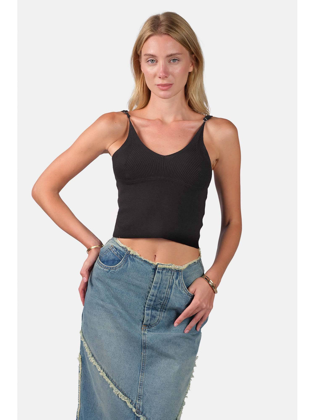 Self Design Viscose Slim Fit Strappy Knit Sleeveless Black Cami for Women | TT98 - view 1