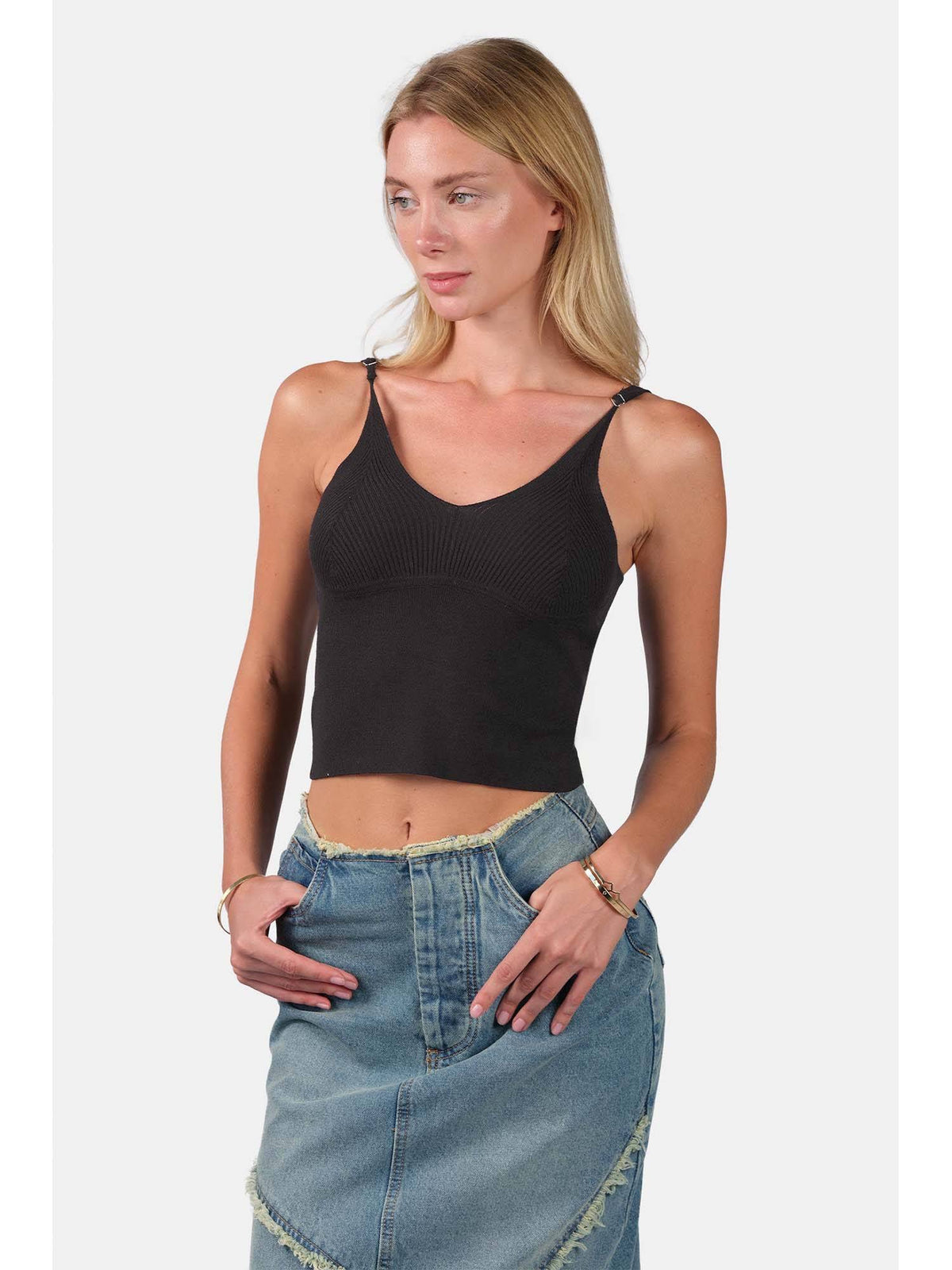 Self Design Viscose Slim Fit Strappy Knit Sleeveless Black Cami for Women | TT98 - view 5