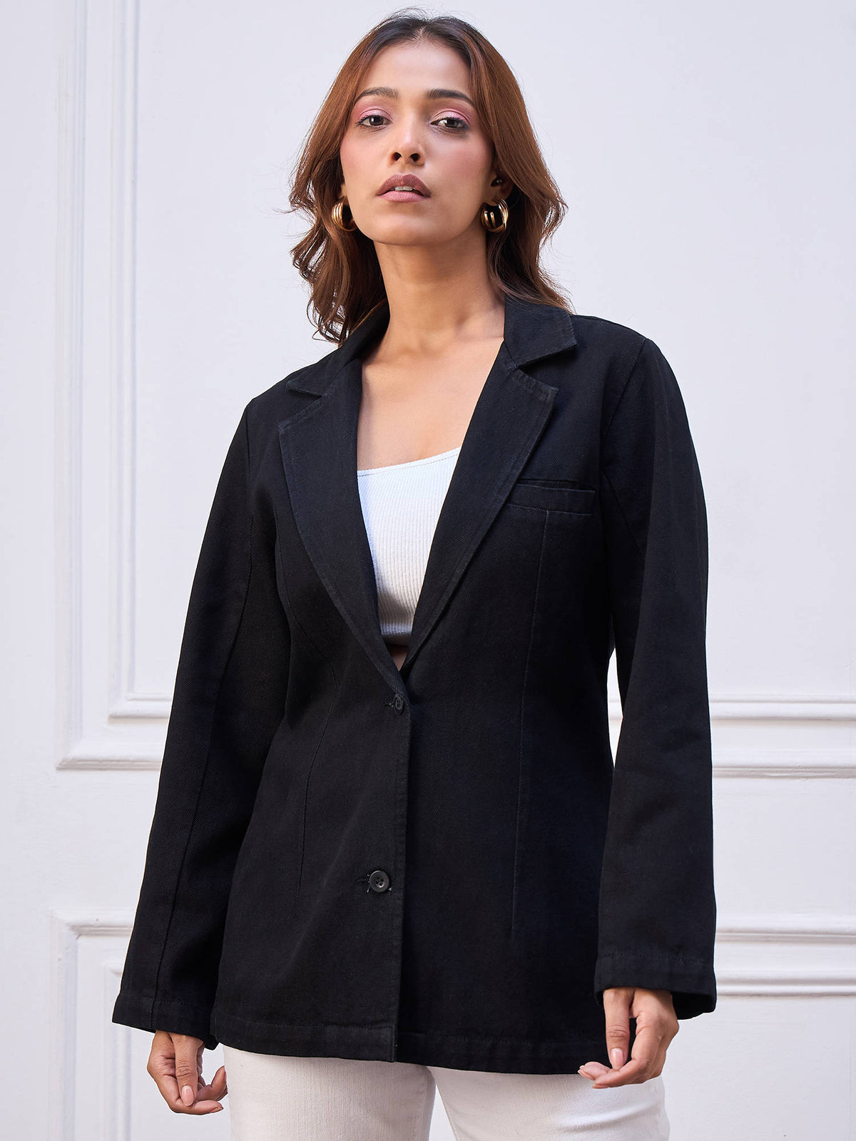 Women Black Denim Solid Blazer | JC78 - view 1