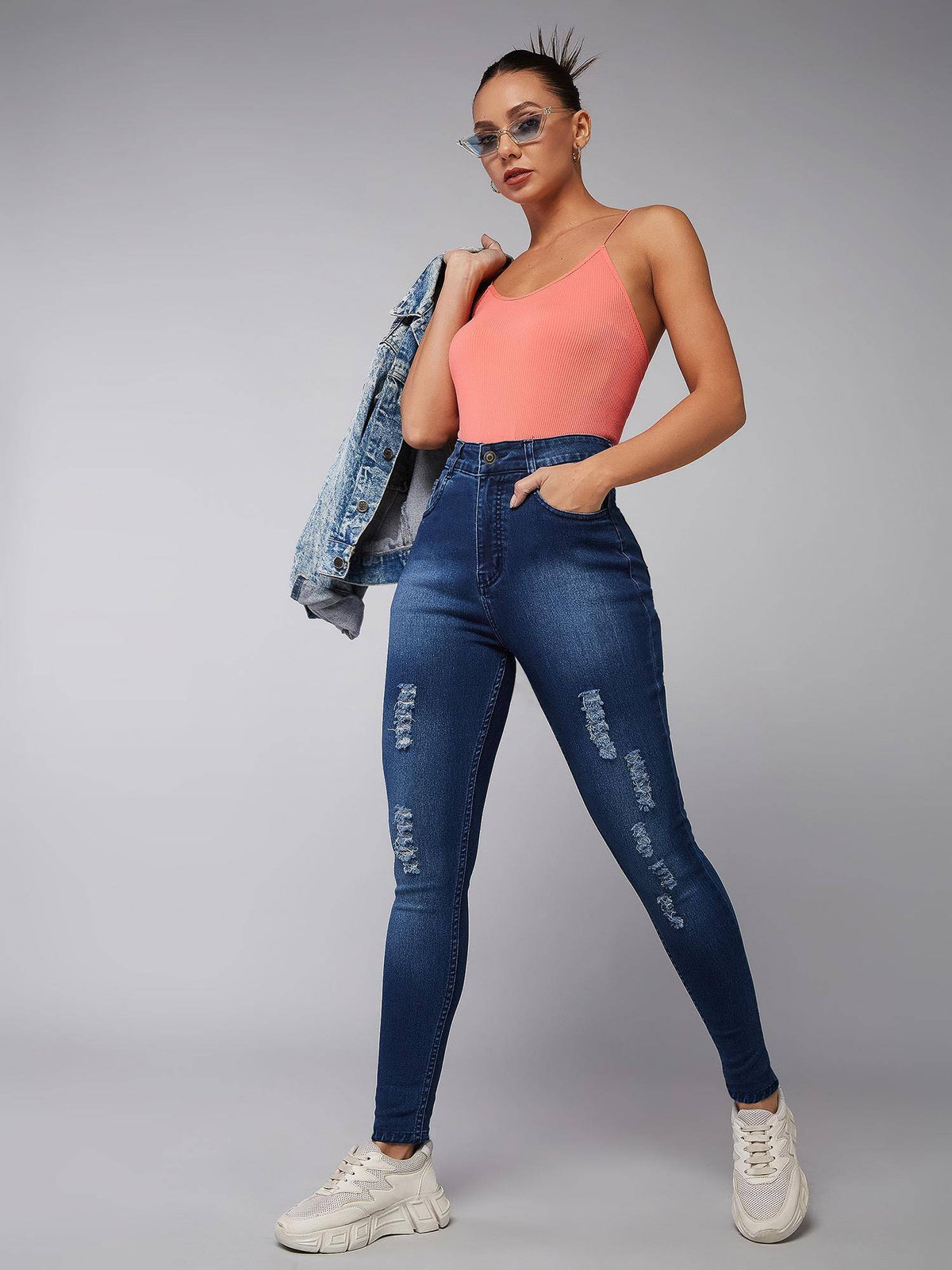 Womens Blue Skinny Fit Mid Rise Mildly Distressed Regular Ripped Jeans | RF89 - view 1