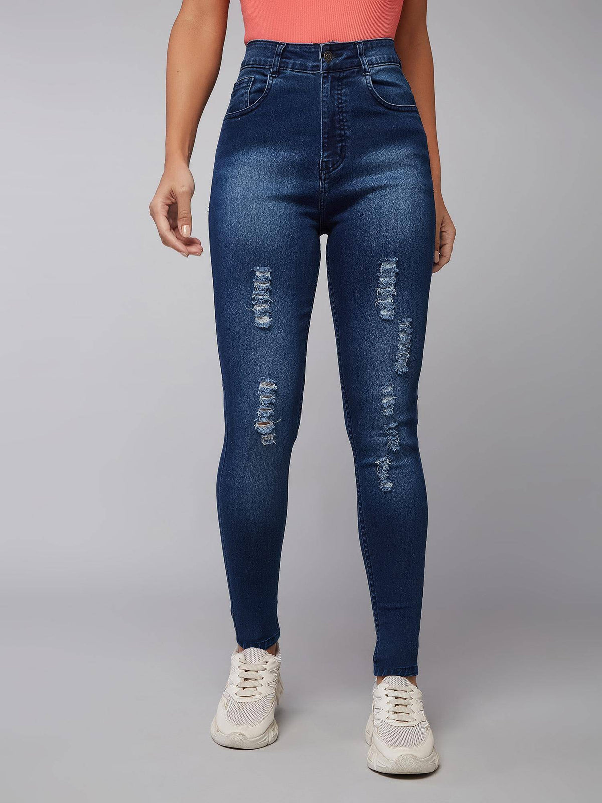 Womens Blue Skinny Fit Mid Rise Mildly Distressed Regular Ripped Jeans | RF89 - view 2