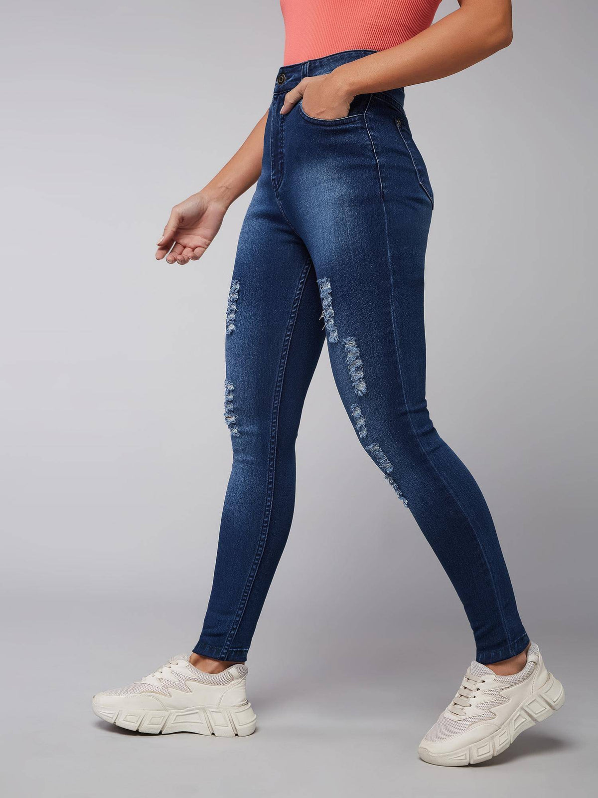 Womens Blue Skinny Fit Mid Rise Mildly Distressed Regular Ripped Jeans | RF89 - view 3