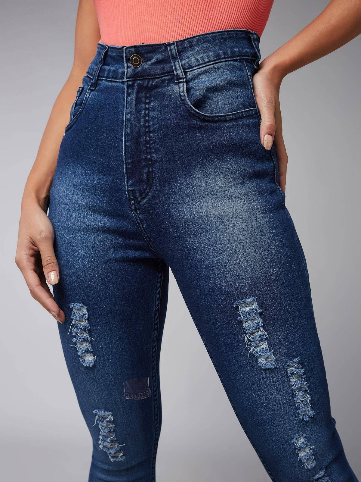 Womens Blue Skinny Fit Mid Rise Mildly Distressed Regular Ripped Jeans | RF89 - view 5