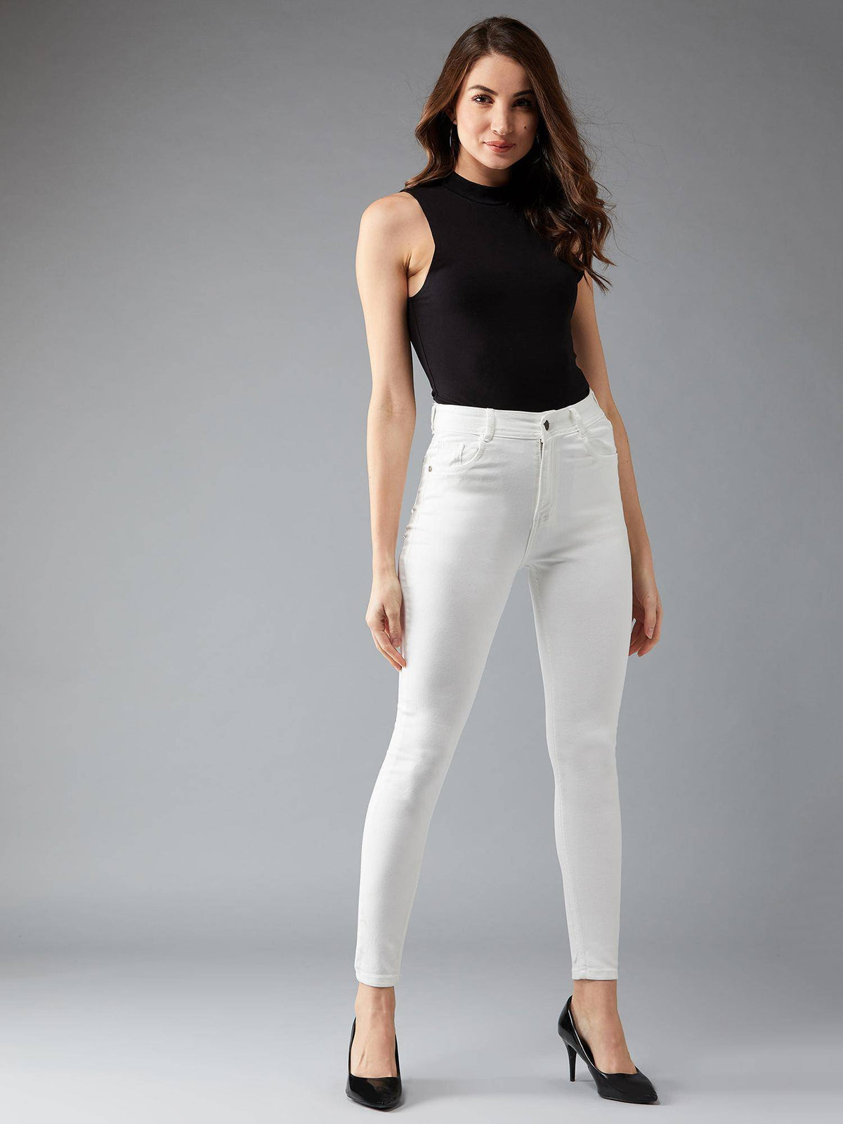 Womens White Skinny High Rise Clean Look Bleached Stretchable Jeans | RF89 - view 2
