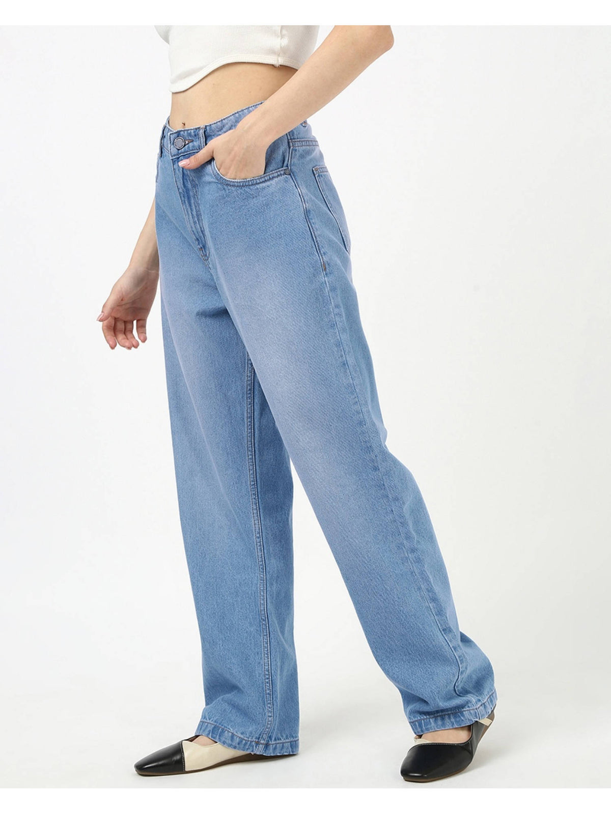 Women's Blue Washed Baggy Straight Fit Jeans | BG78 - view 2