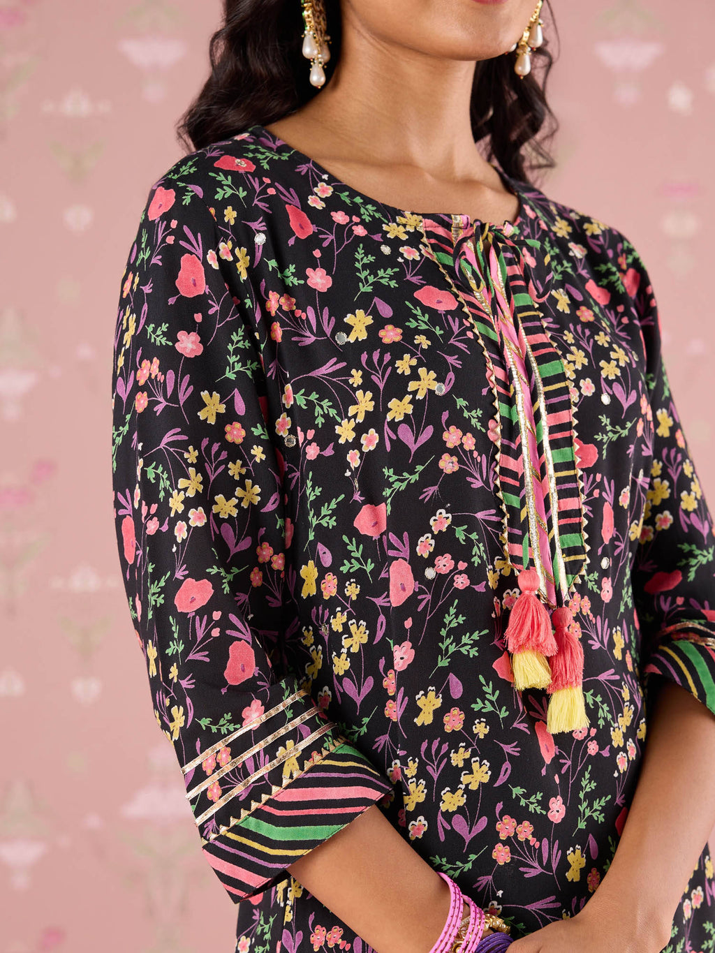 Black Garden Groove Embroidered Kurta LIKKUR206 | U3S - view 2