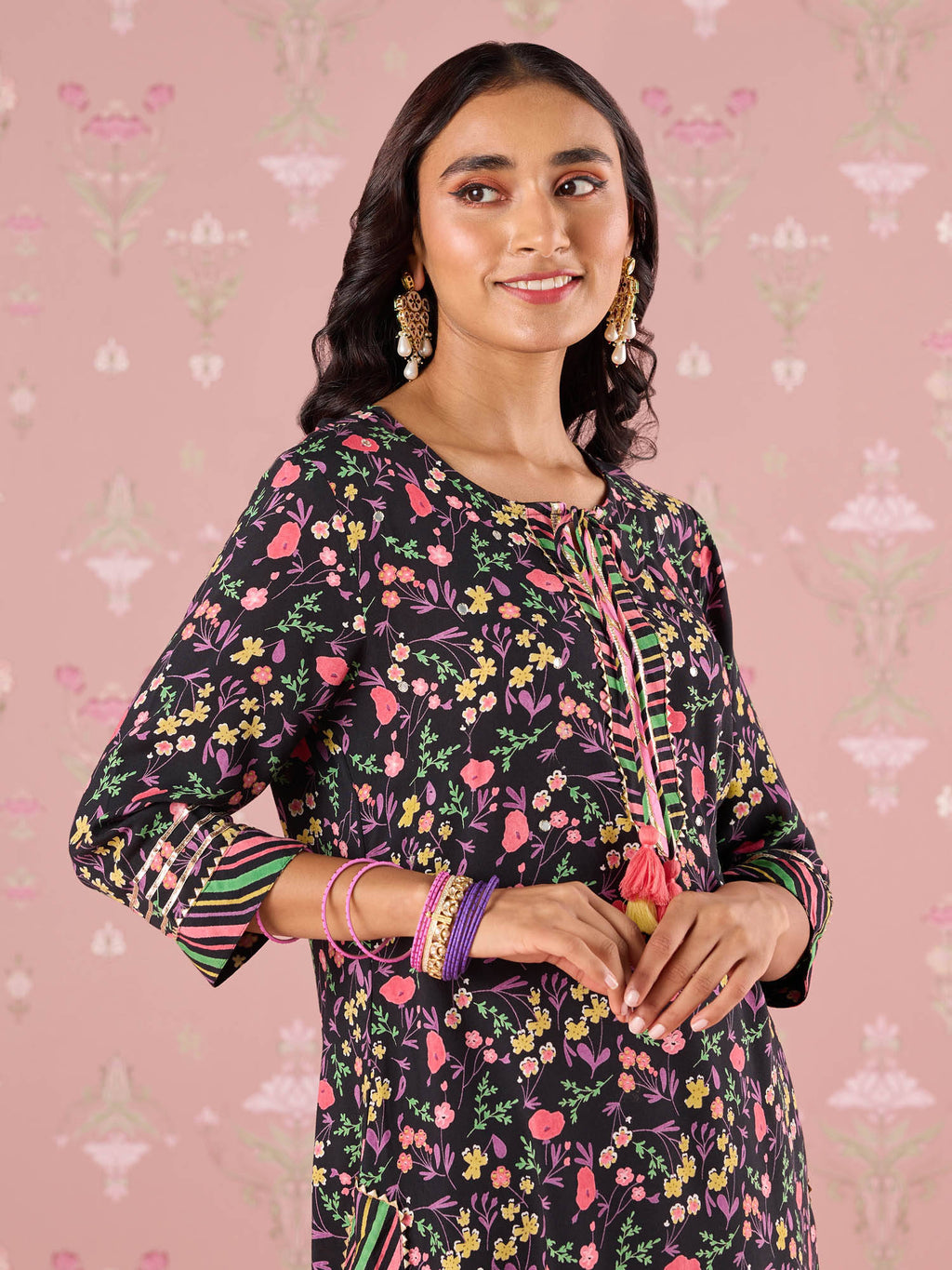 Black Garden Groove Embroidered Kurta LIKKUR206 | KDG - view 4