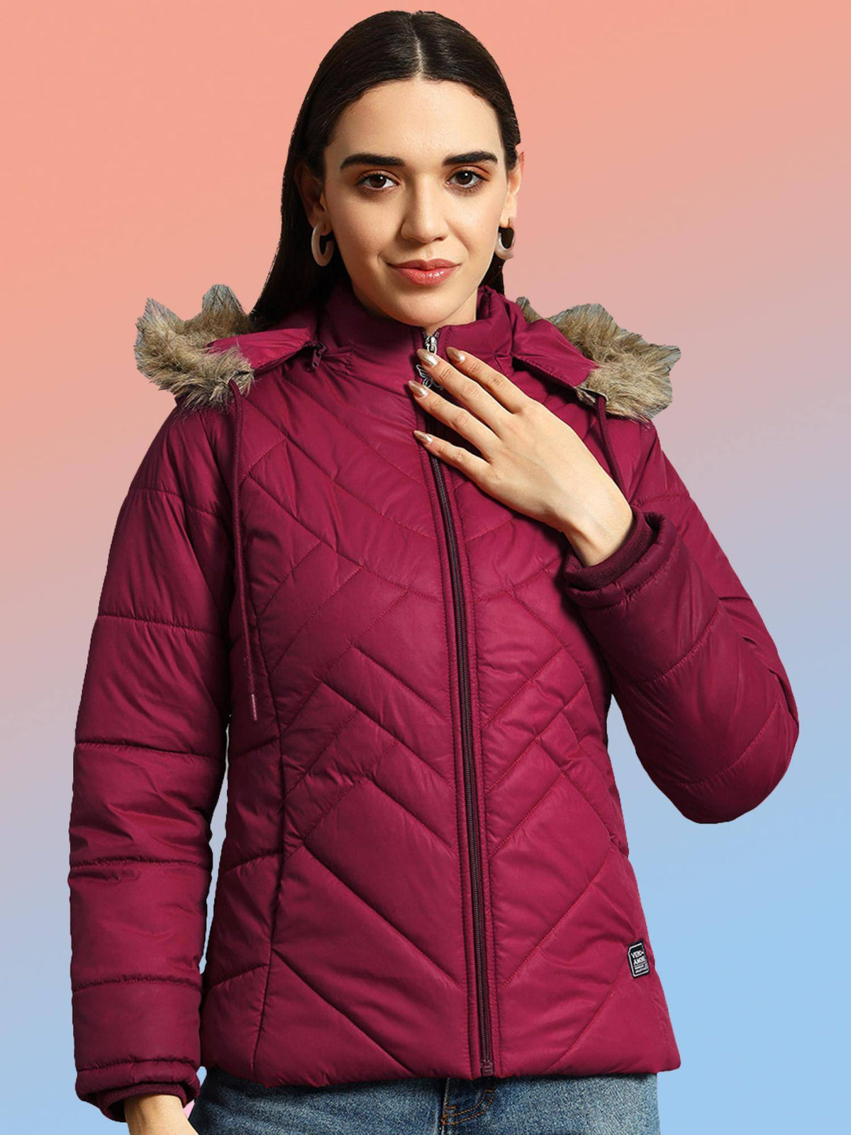 Women Maroon Winterwear Hooded Puffer Jacket | JC78 - view 1