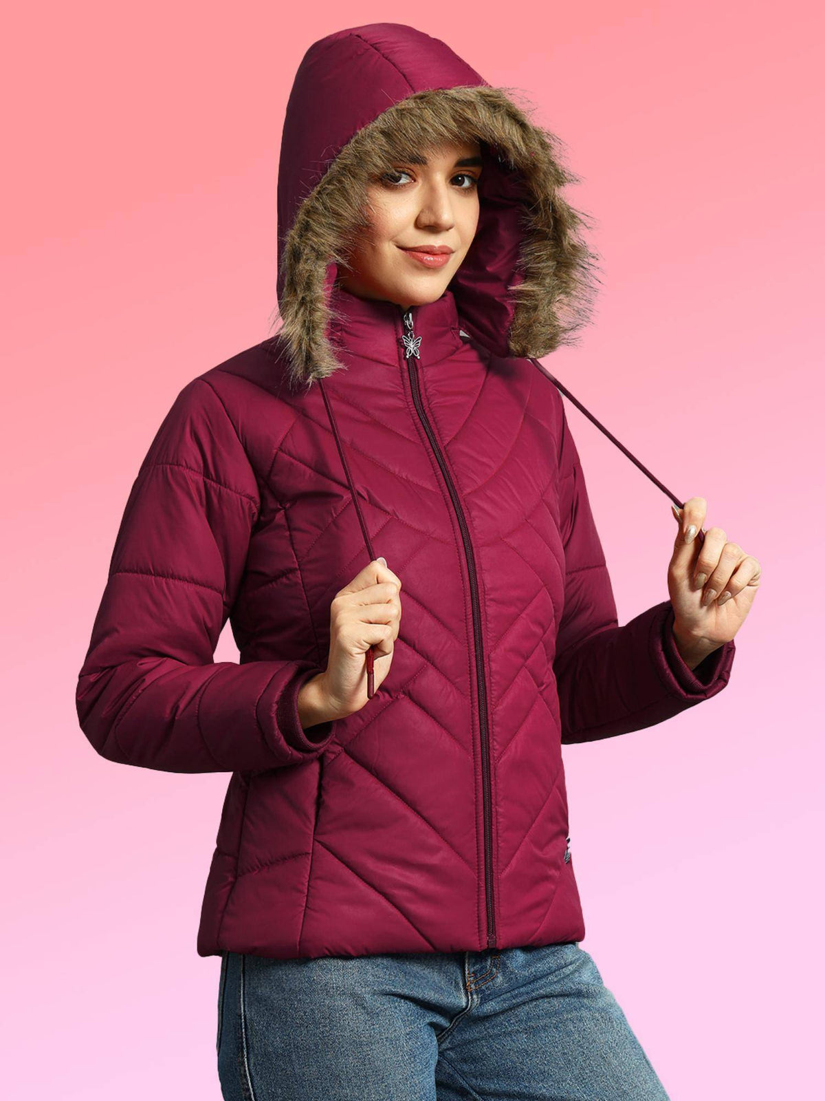 Women Maroon Winterwear Hooded Puffer Jacket | JC78 - view 3