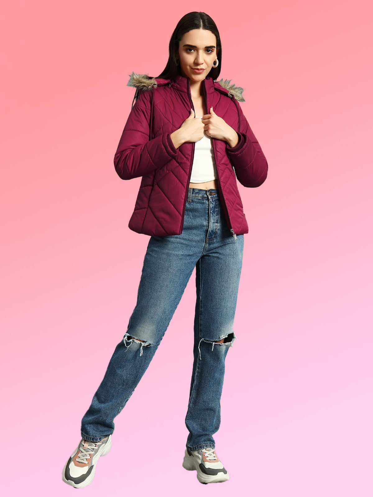 Women Maroon Winterwear Hooded Puffer Jacket | JC78 - view 4