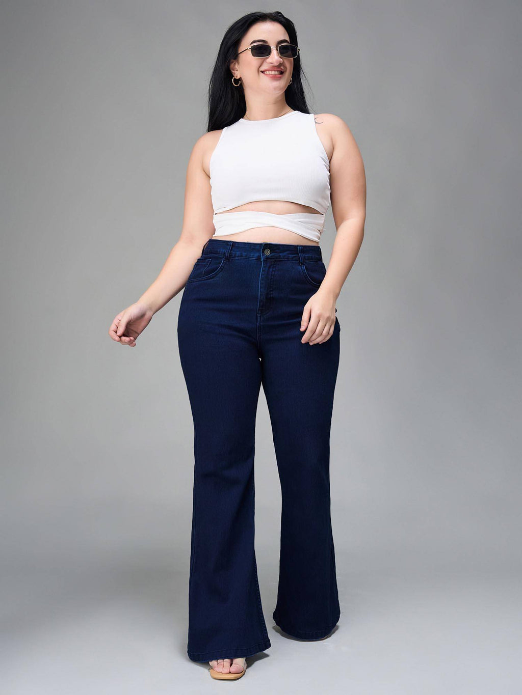 A+ Curve Collection Plus Size Navy Blue Bootcut High Rise Jeans | BT10 - view 3
