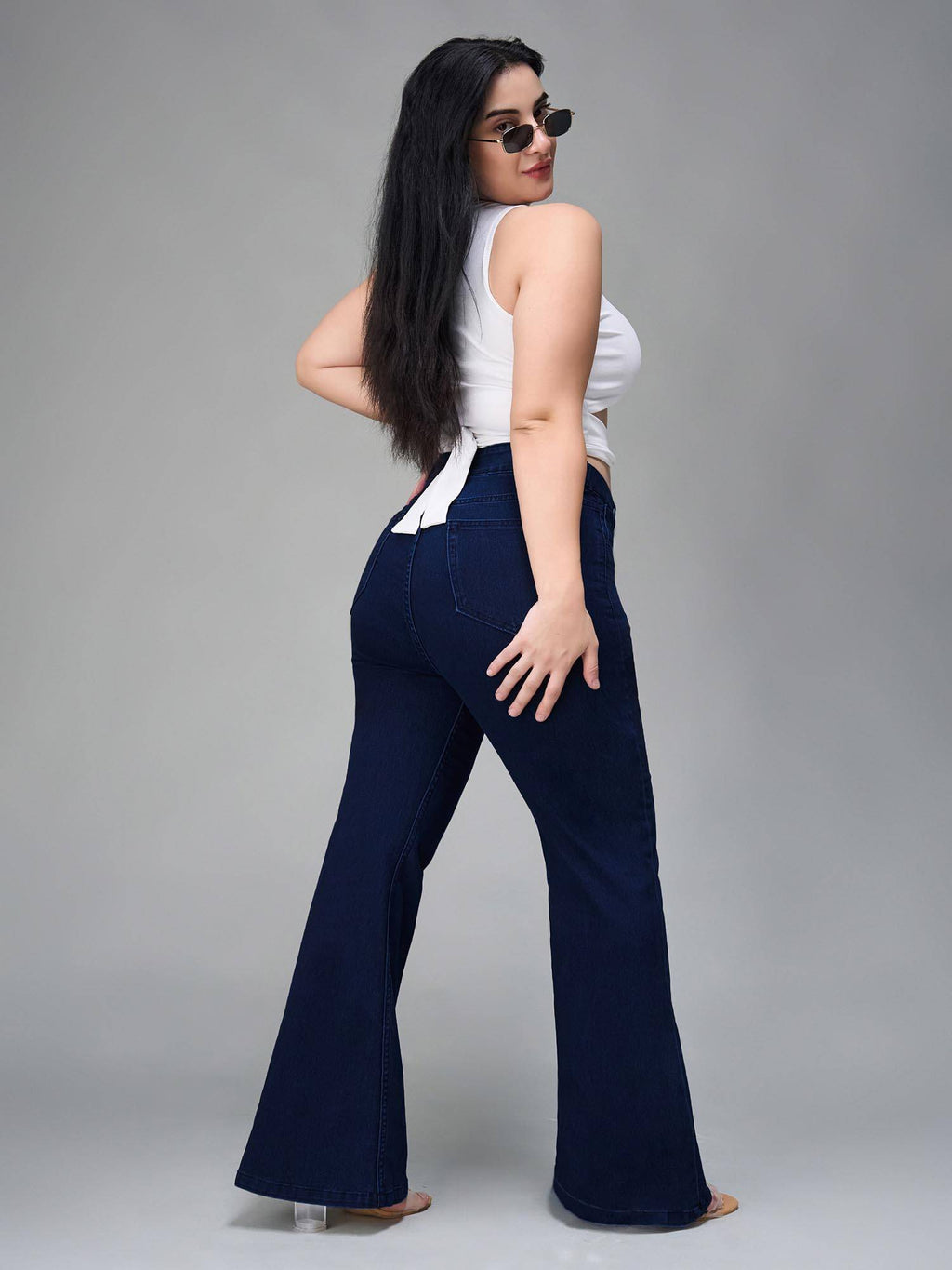A+ Curve Collection Plus Size Navy Blue Bootcut High Rise Jeans | BT10 - view 5