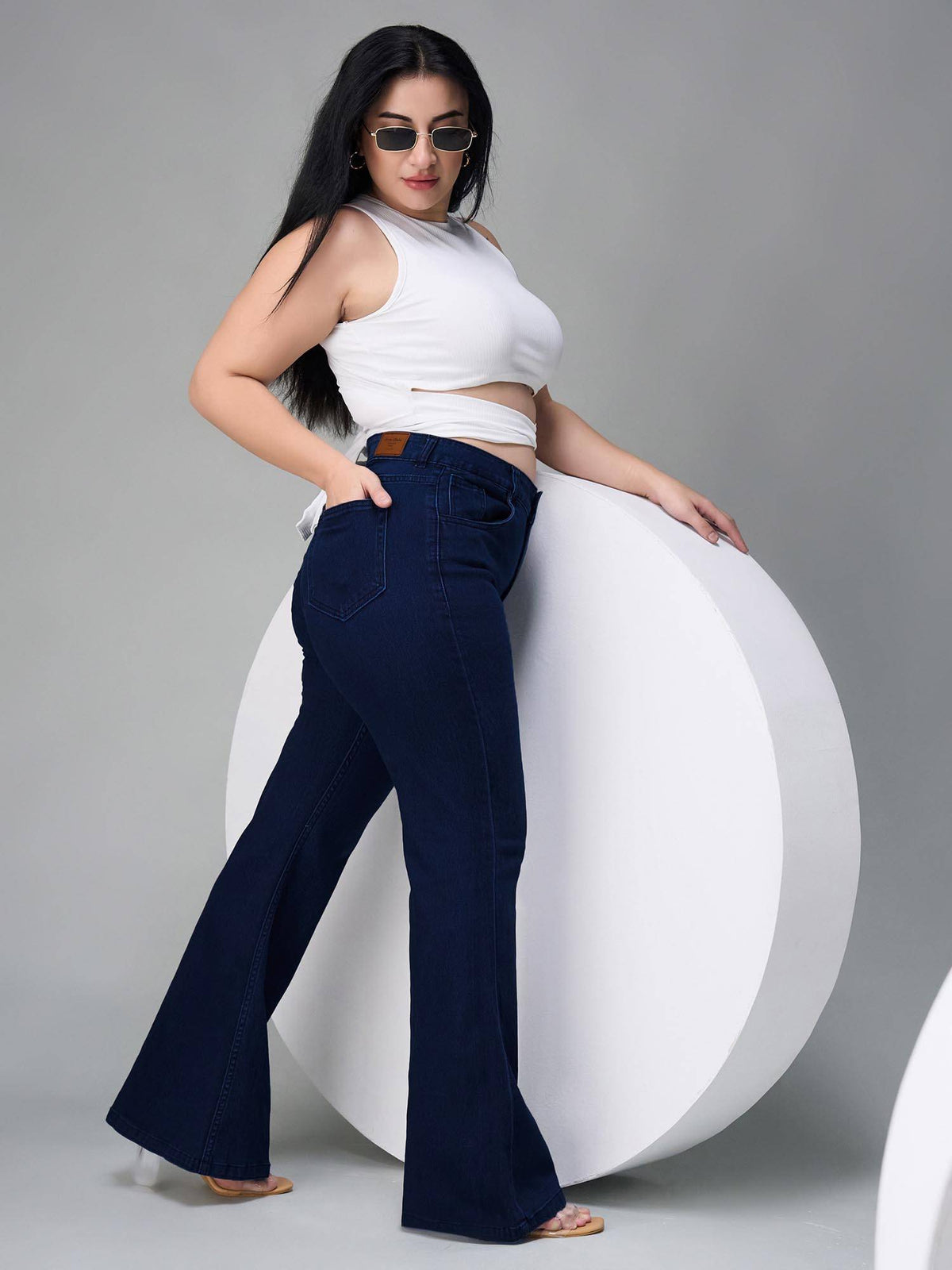 A+ Curve Collection Plus Size Navy Blue Bootcut High Rise Jeans | BT10 - view 6