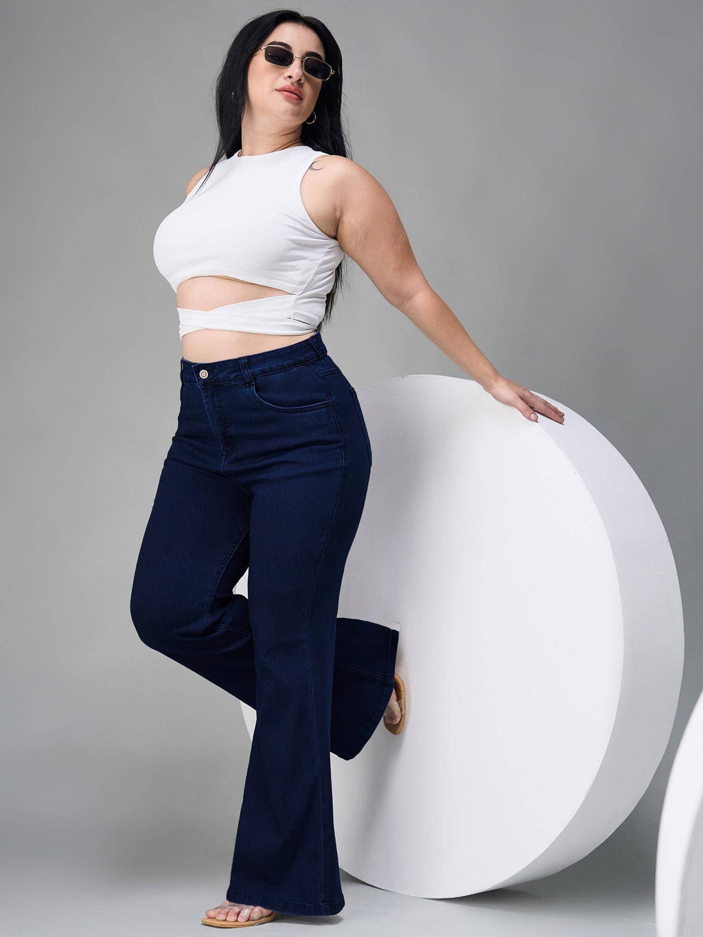 A+ Curve Collection Plus Size Navy Blue Bootcut High Rise Jeans | BT10 - view 7