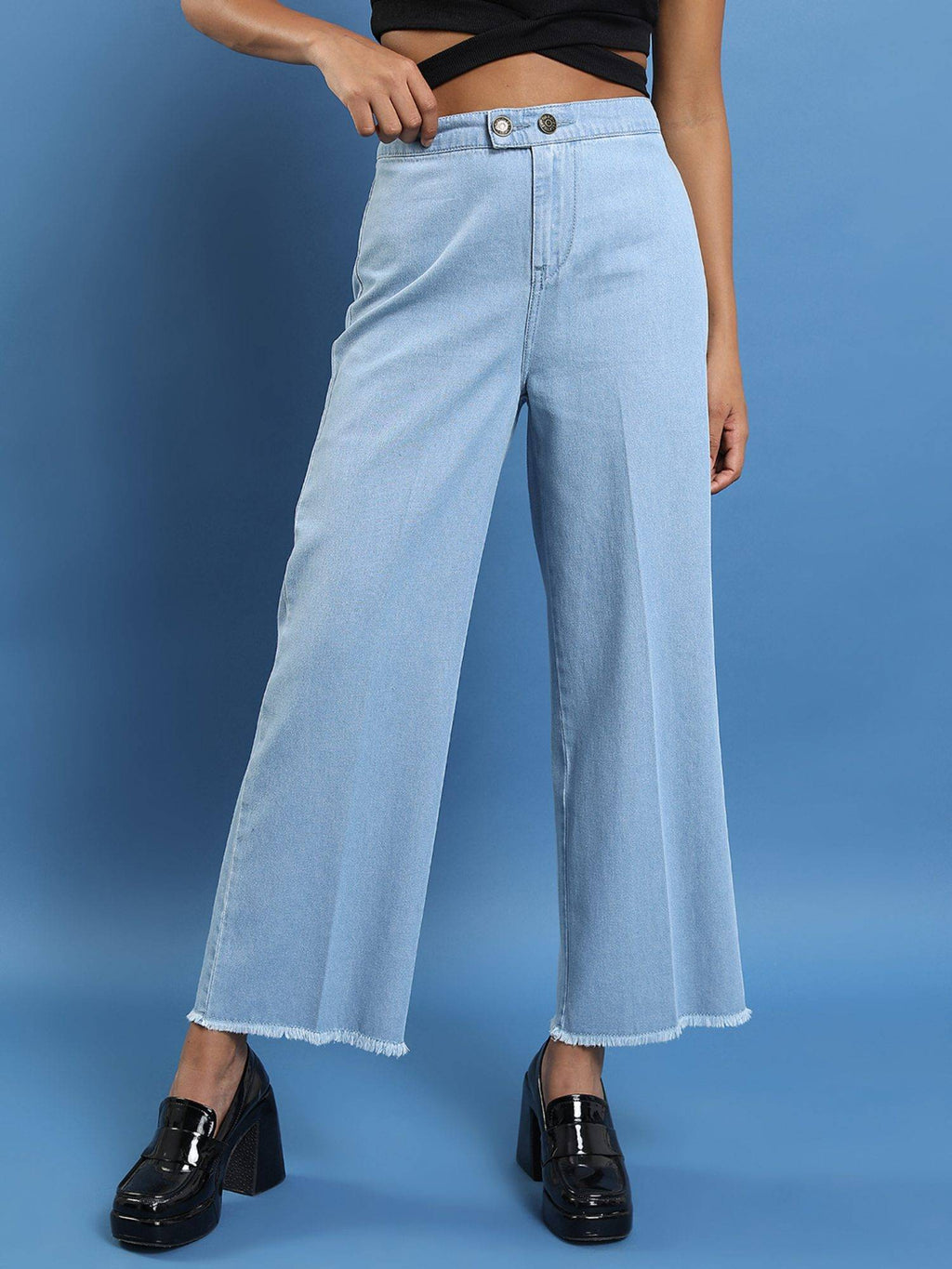 Women Blue Cotton Solid Straight Jeans | ST23 - view 1