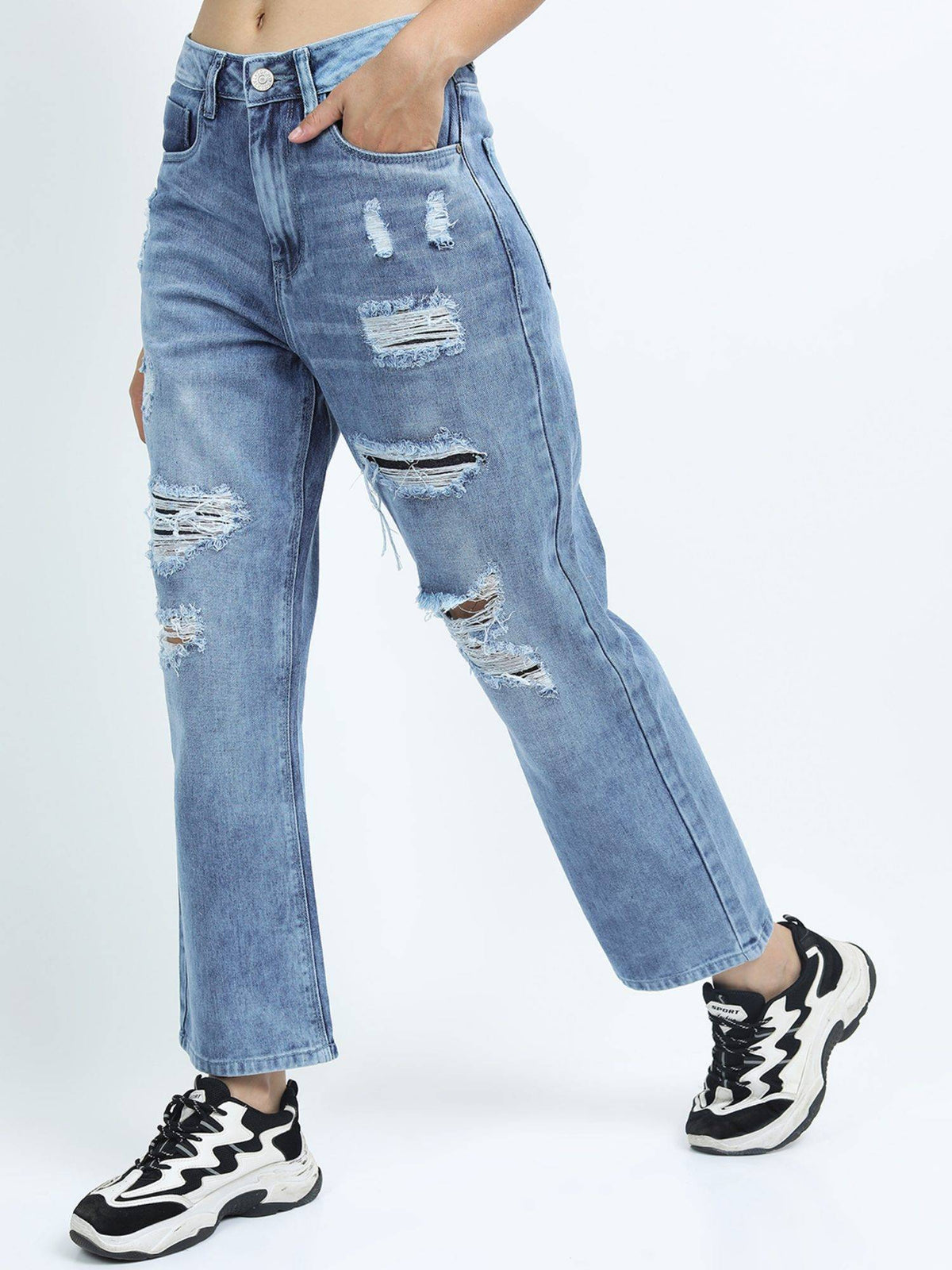 Women Blue Cotton Solid Wide Jeans | BG78 - view 5
