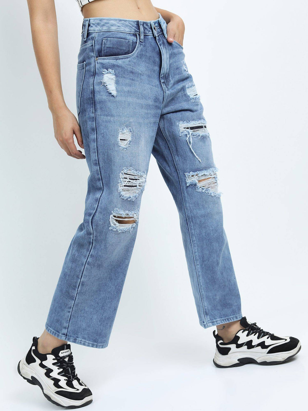 Women Blue Cotton Solid Wide Jeans | BG78 - view 6