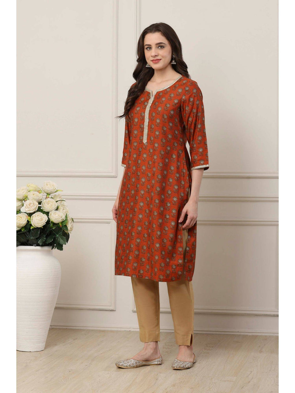 Women Orange Viscose Rayon Straight Printed Kurta | KDG - view 3