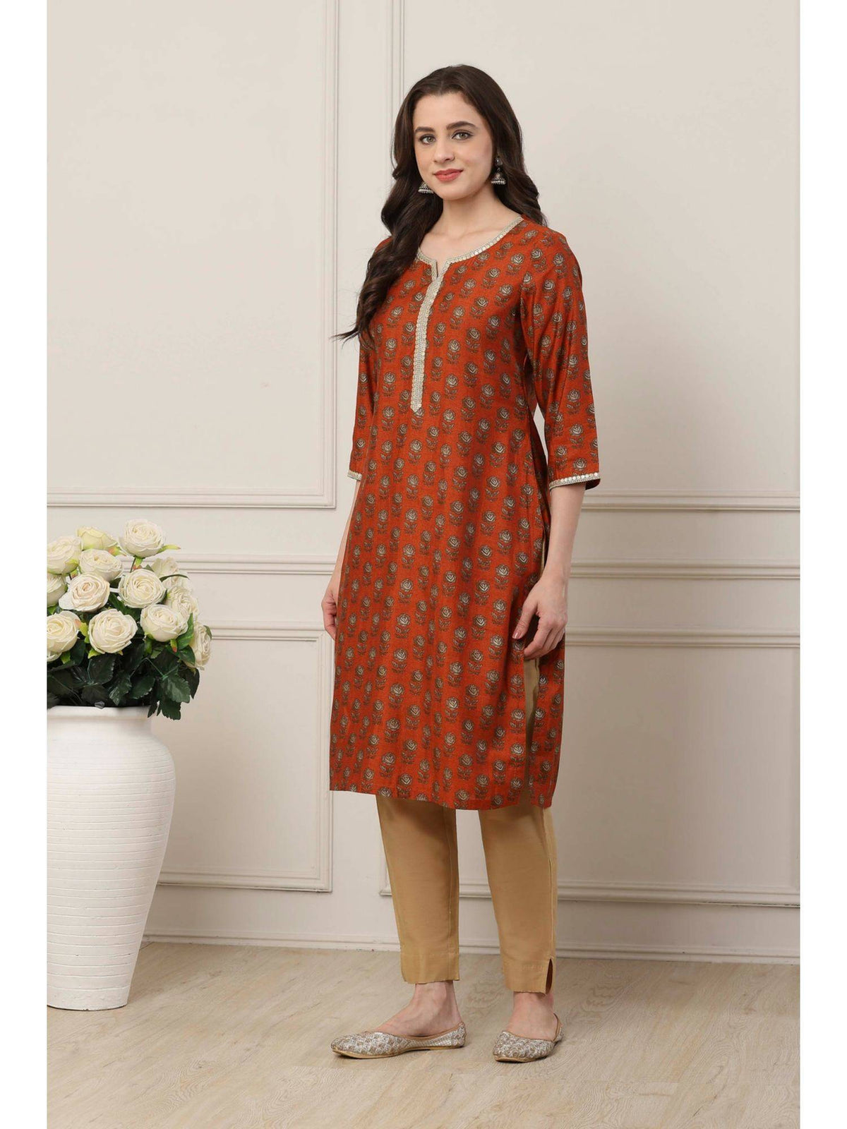 Women Orange Viscose Rayon Straight Printed Kurta | FY93 - view 3