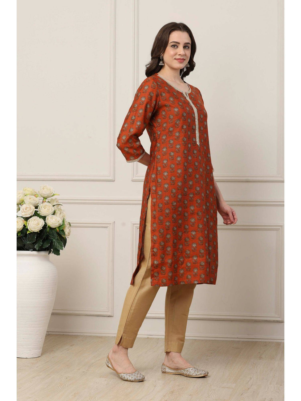Women Orange Viscose Rayon Straight Printed Kurta | FY93 - view 5
