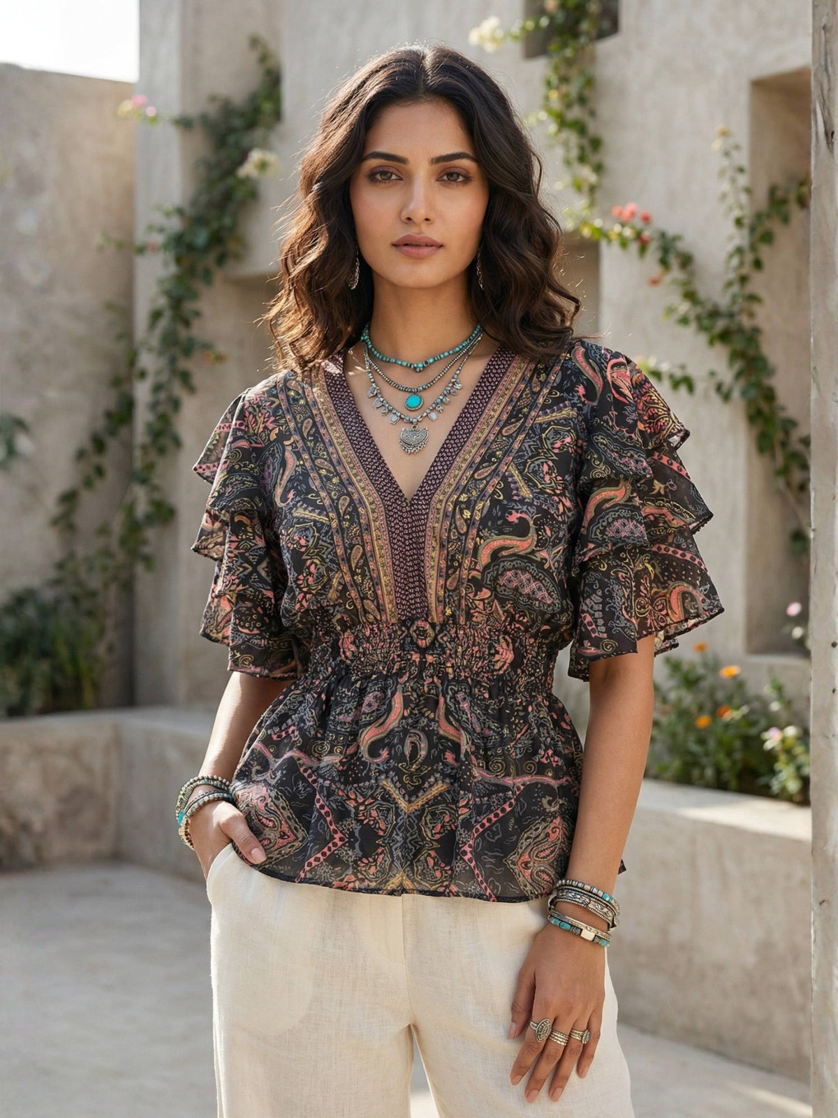 Maelira Twilight Vine Boho Peplum Top | pt51 - view 1