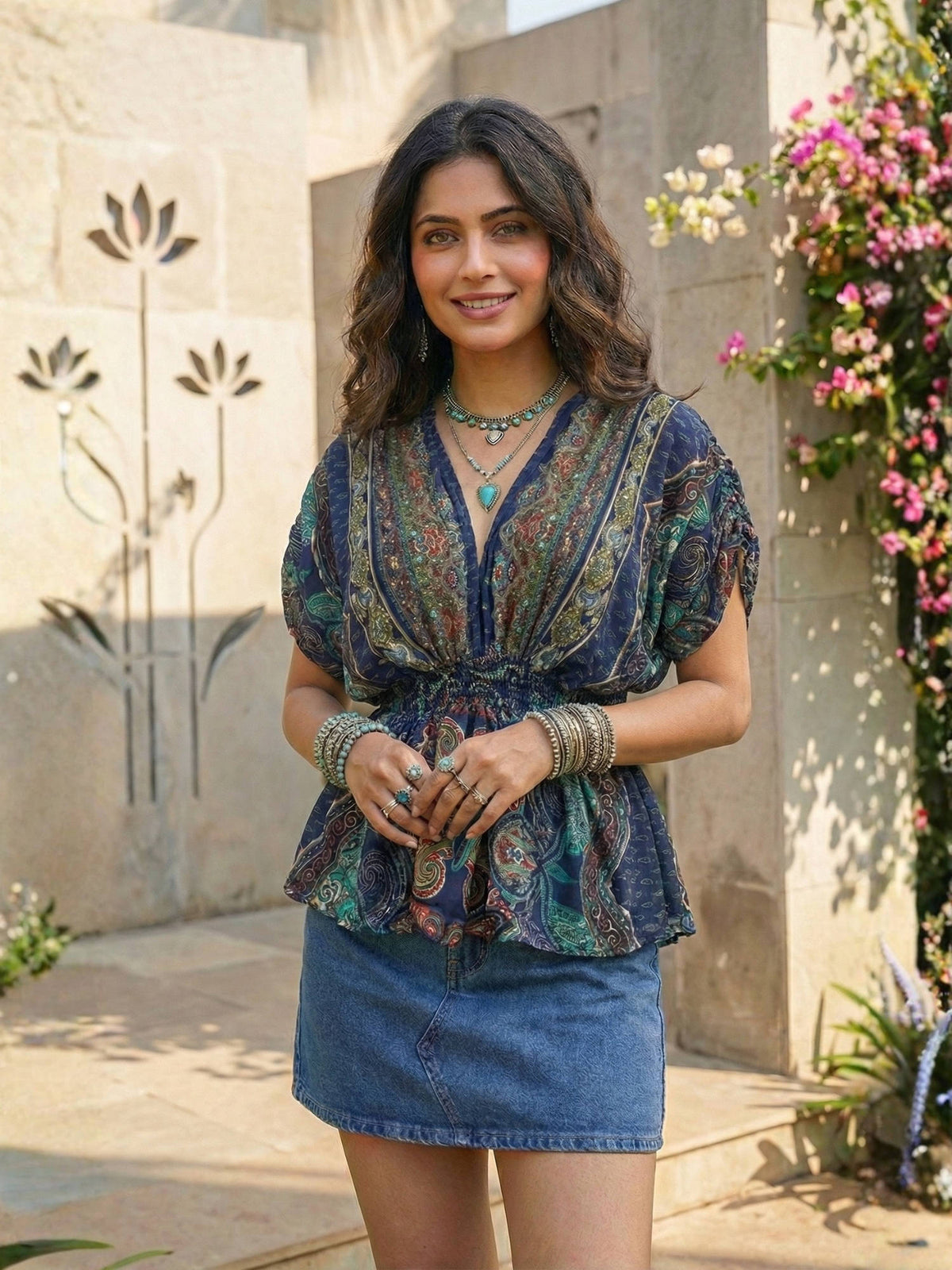 Calindra Navy Nomad Boho Peplum Top | pt51 - view 1