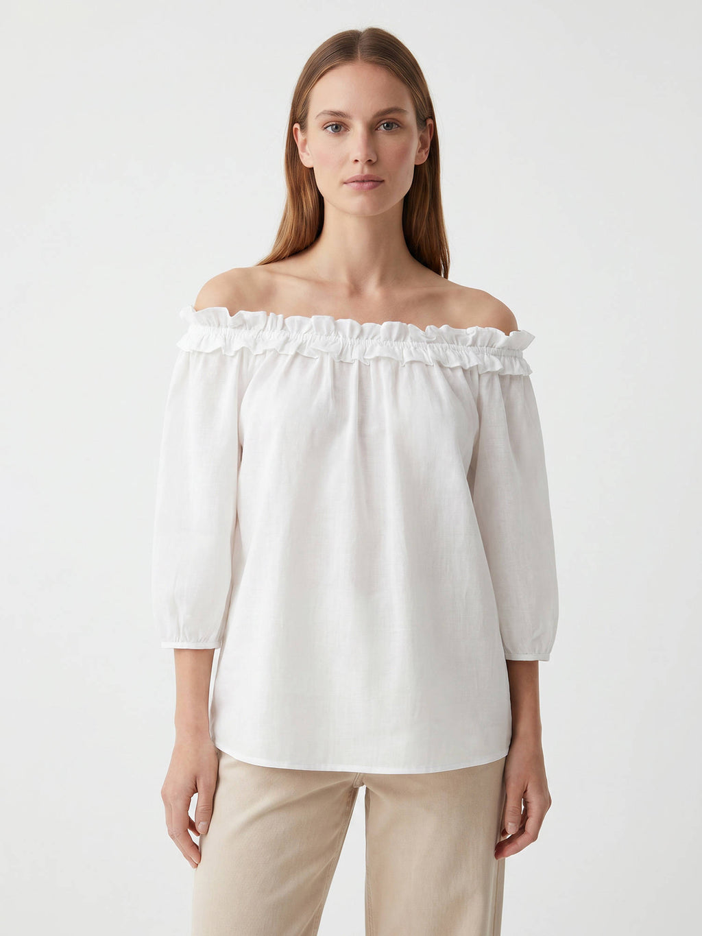 White Cotton Three Fourth Sleeves Solid/Plain Top | TT90 - view 1