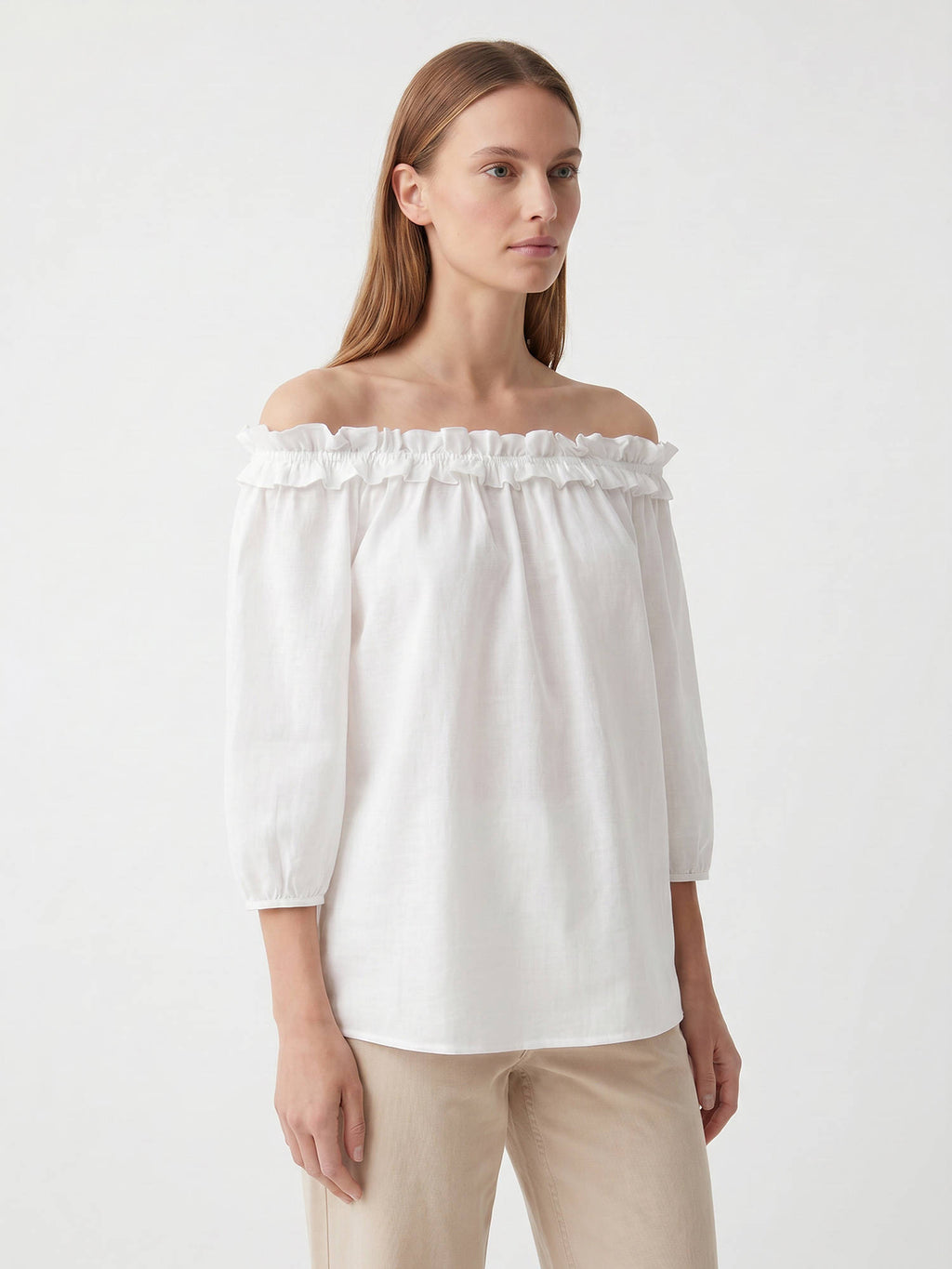 White Cotton Three Fourth Sleeves Solid/Plain Top | TT90 - view 3