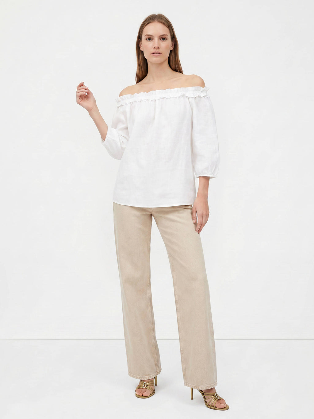 White Cotton Three Fourth Sleeves Solid/Plain Top | TT90 - view 6