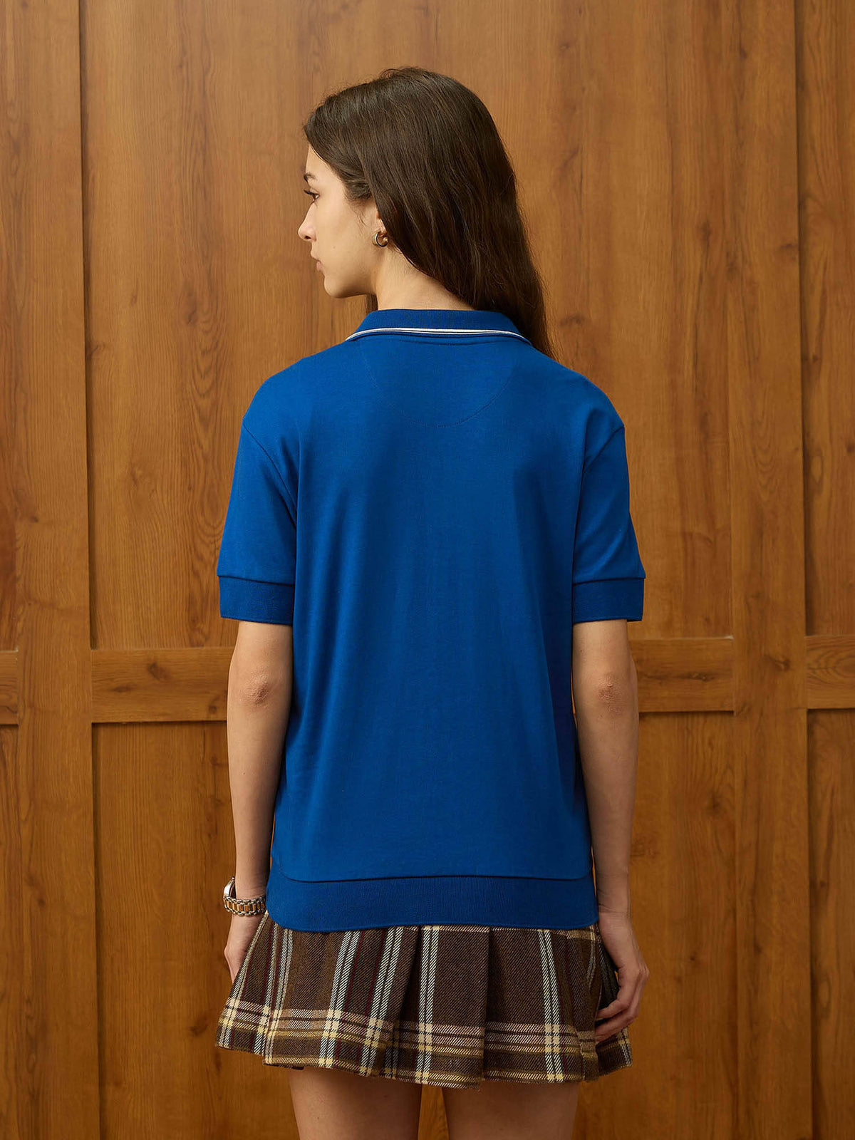 Blue Solid Boxy Fit Polo T-Shirt | U89 - view 5
