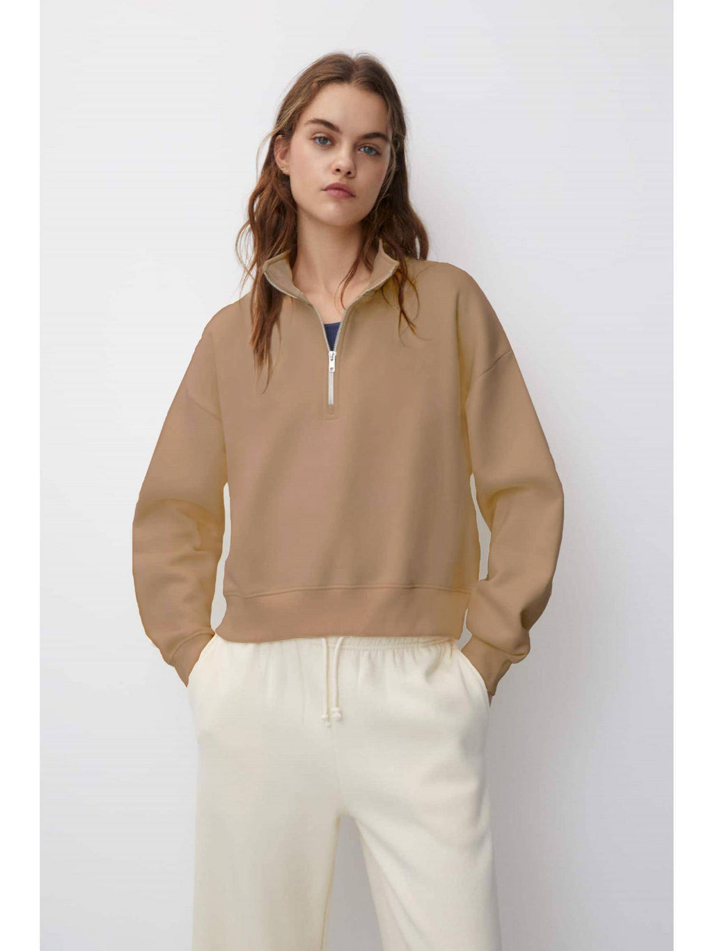 Womens Beige High Neck Plain Sweatshirt | HD56 - view 1