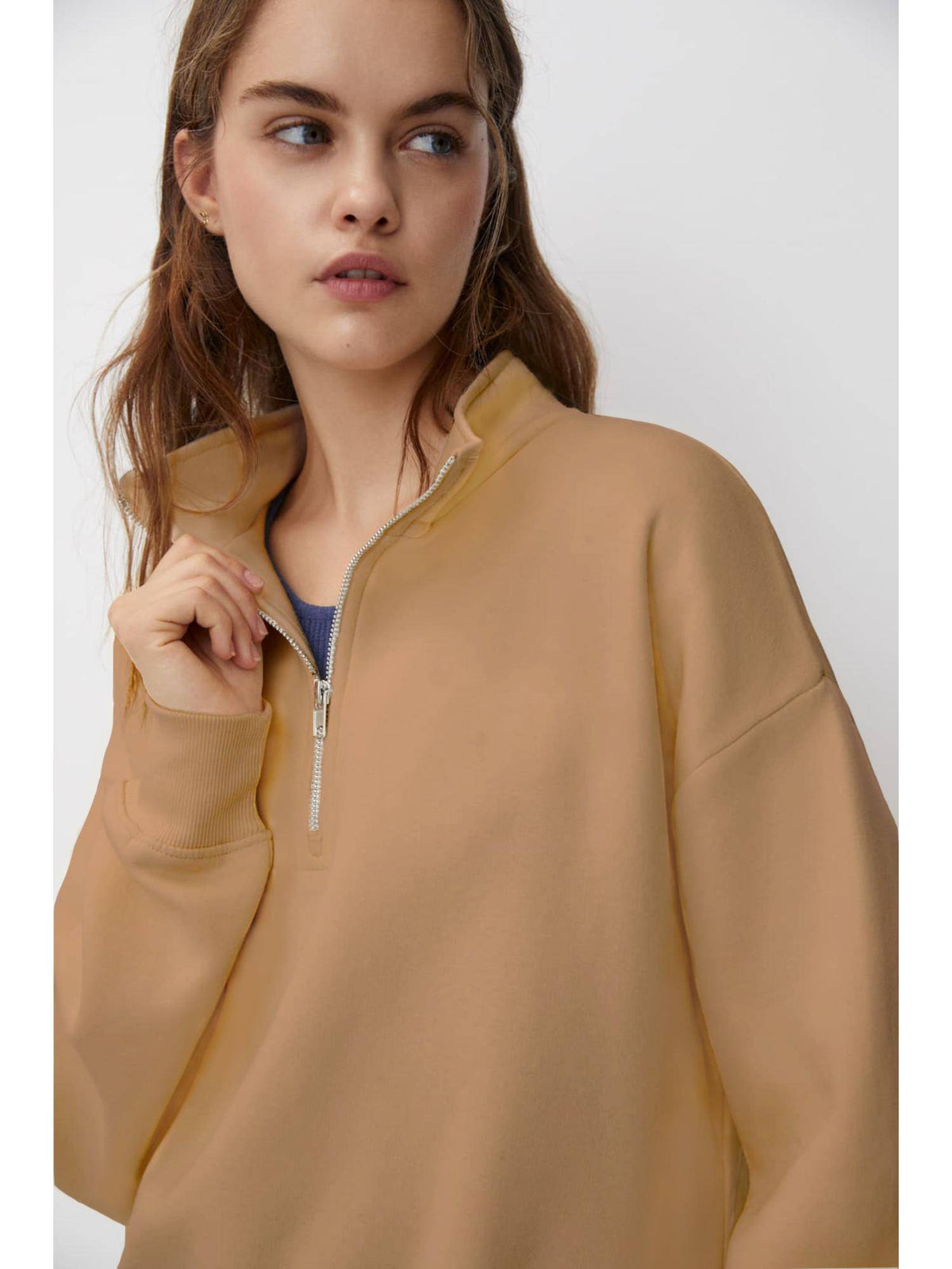 Womens Beige High Neck Plain Sweatshirt | HD56 - view 3