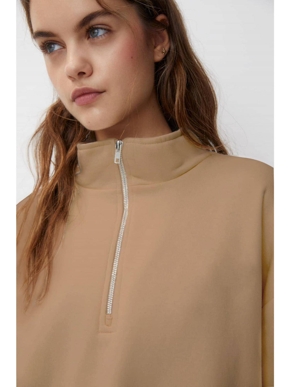 Womens Beige High Neck Plain Sweatshirt | HD56 - view 4