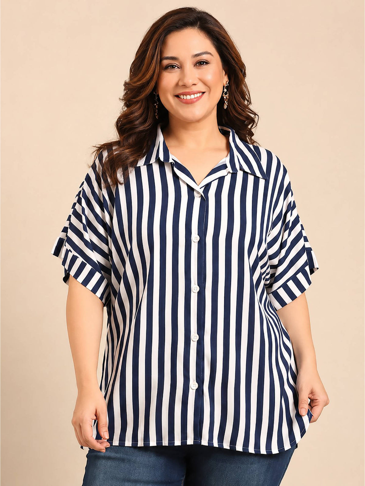 Women Navy Blue Stripes Viscose Rayon Shirt | S67 - view 1
