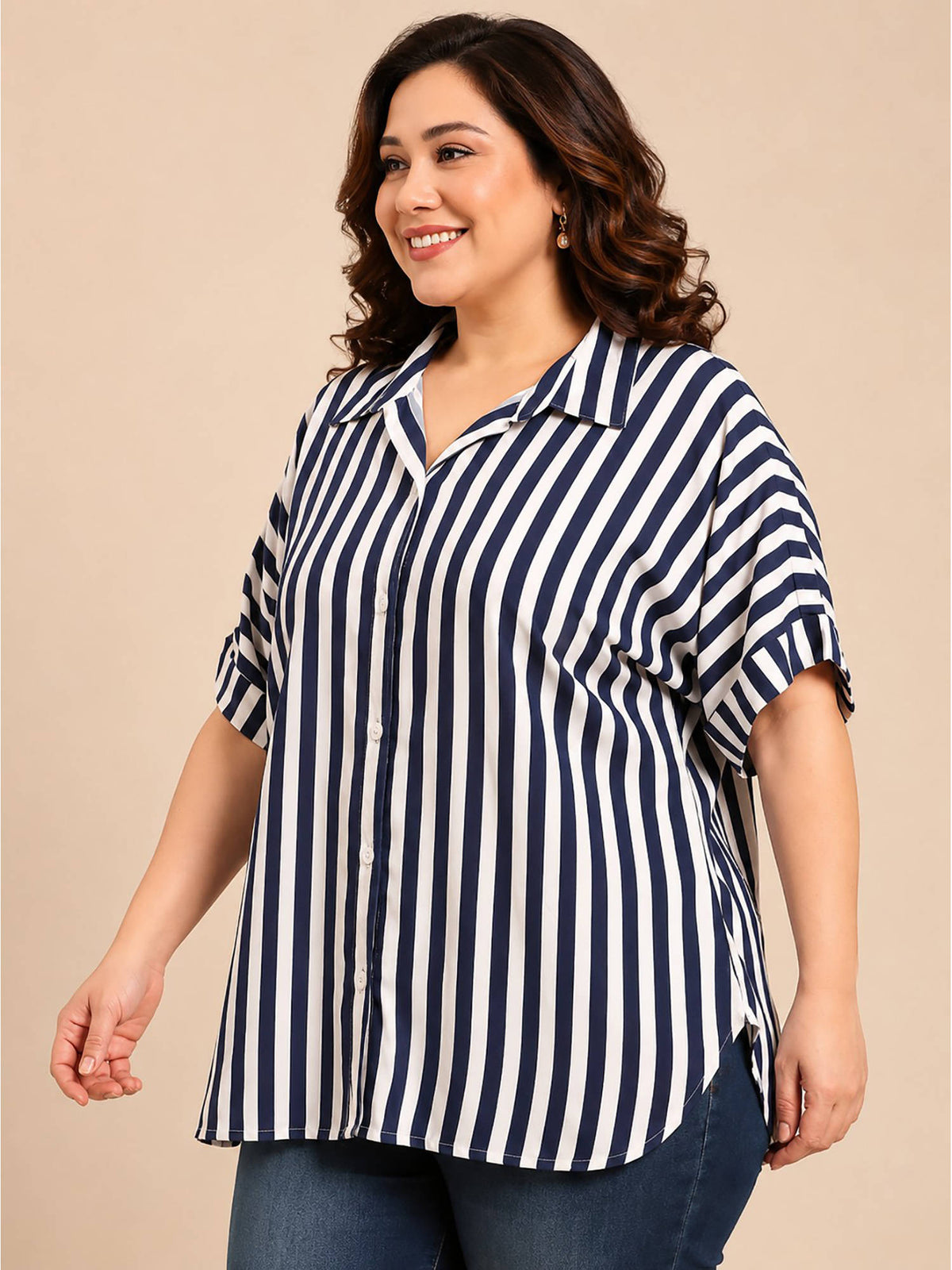 Women Navy Blue Stripes Viscose Rayon Shirt | S67 - view 3