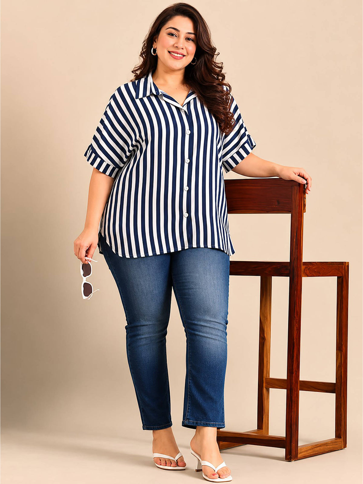 Women Navy Blue Stripes Viscose Rayon Shirt | S67 - view 5