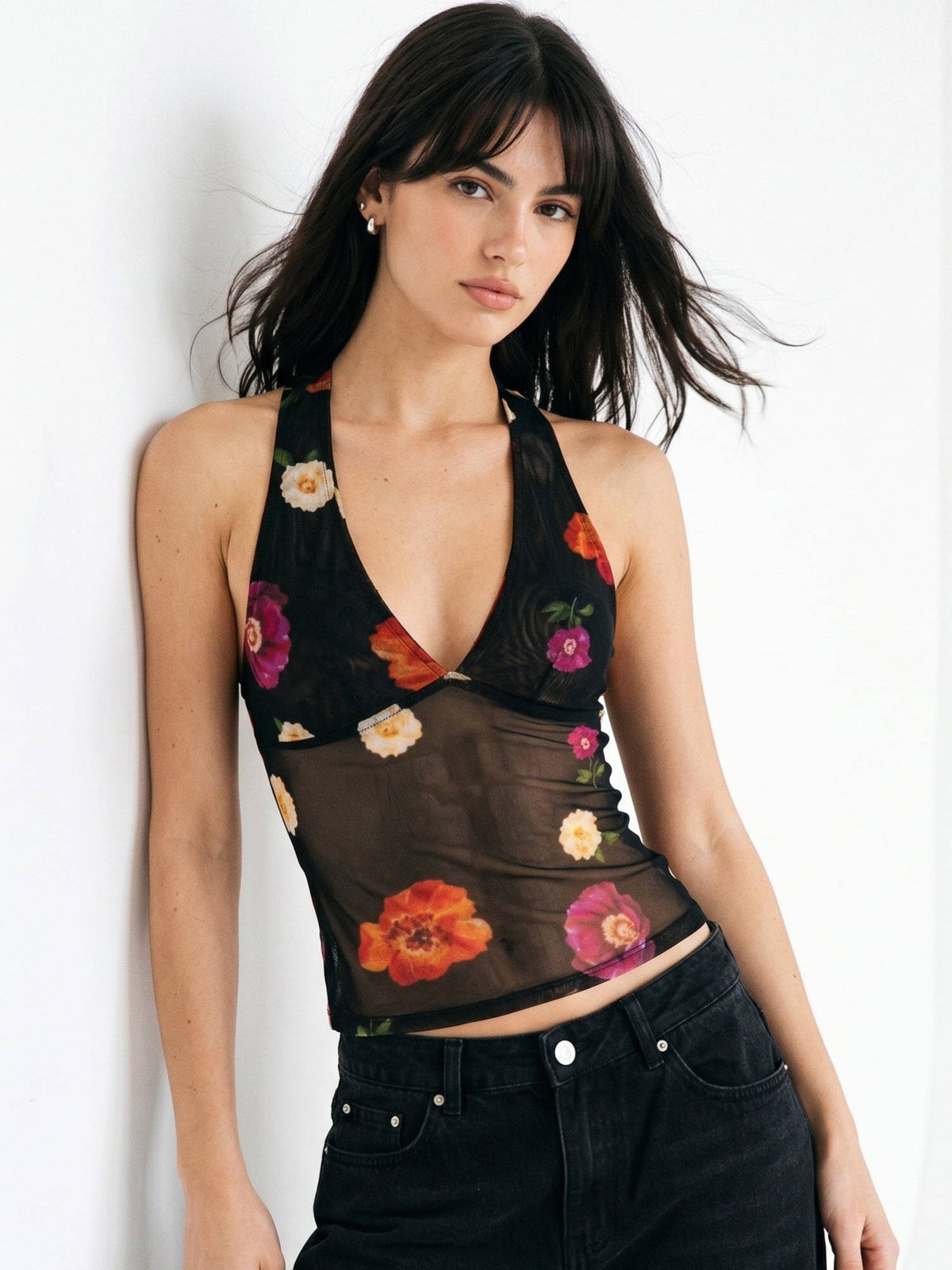 Women Black Floral Polyester Crop Top | CT61 - view 2
