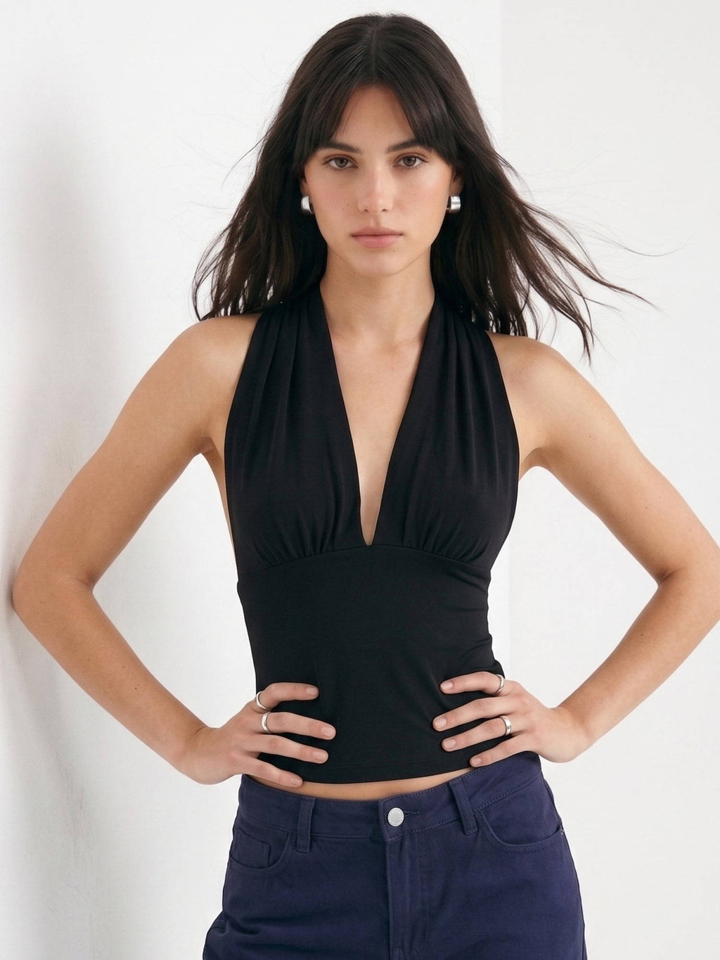 Women Black Solid/Plain Polyester Crop Top | CT61 - view 3