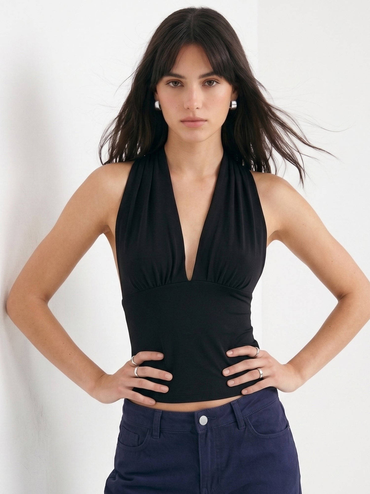 Women Black Solid/Plain Polyester Crop Top | CT61 - view 3