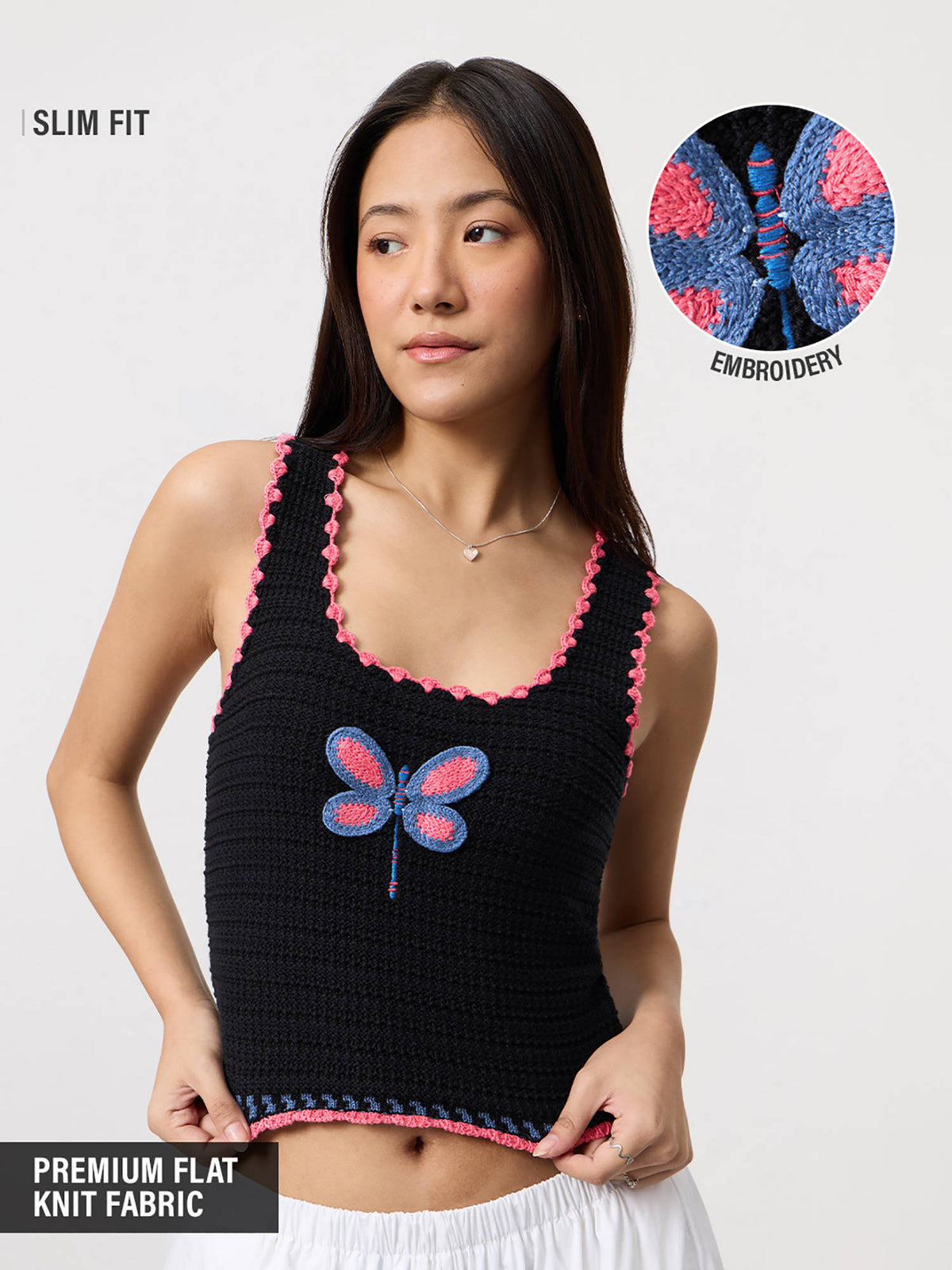 Black Pure Cotton Embroidered Scoop Neck Sleeveless Crop Top | CT61 - view 1