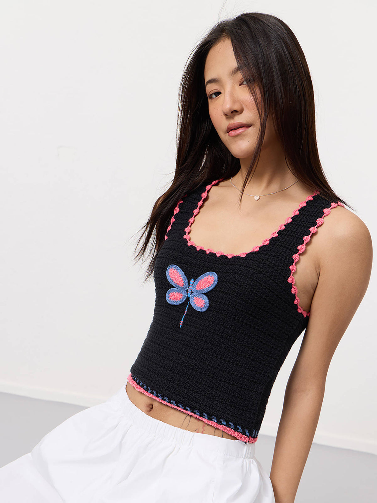Black Pure Cotton Embroidered Scoop Neck Sleeveless Crop Top | CT61 - view 3