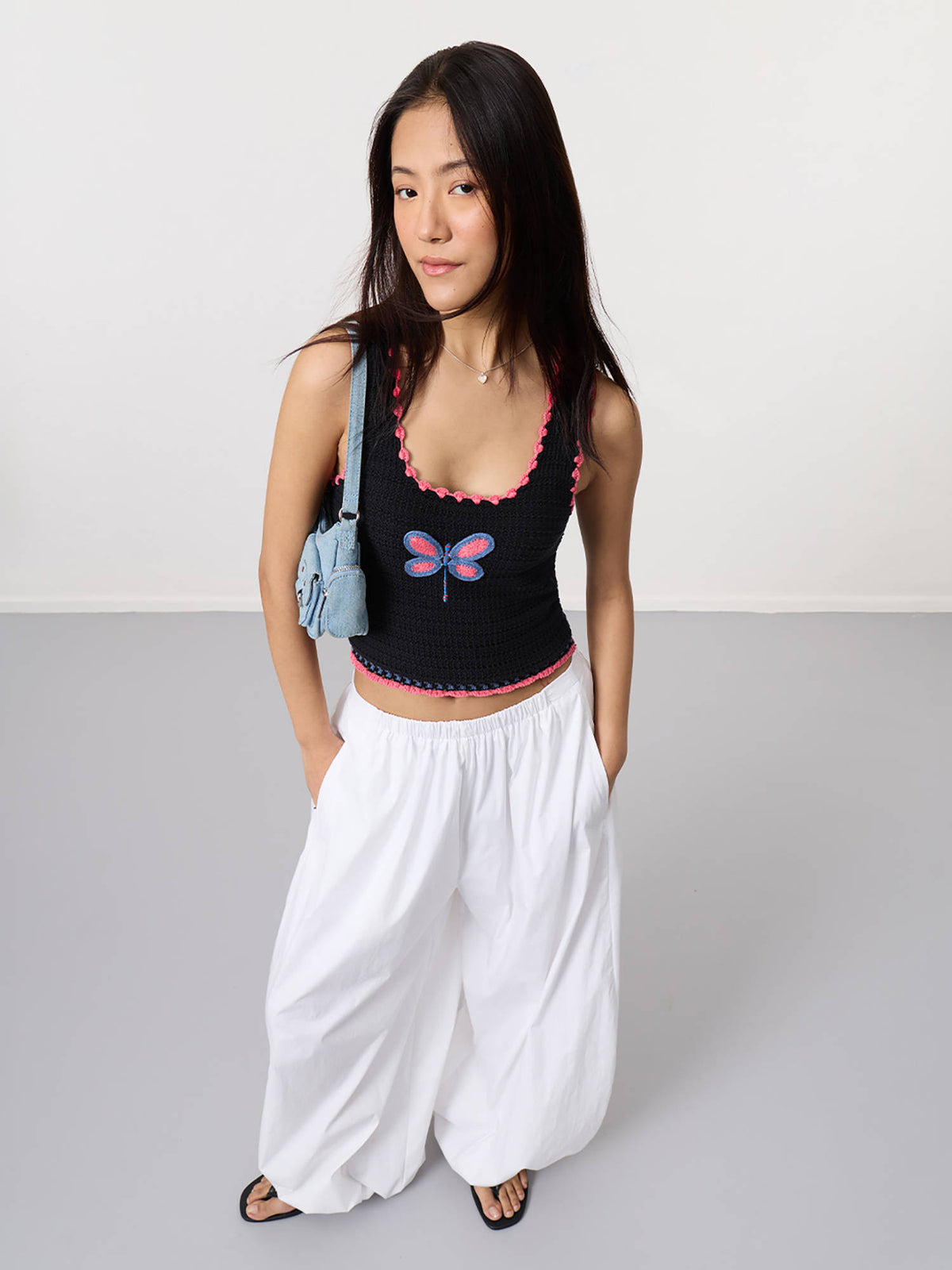 Black Pure Cotton Embroidered Scoop Neck Sleeveless Crop Top | CT61 - view 4
