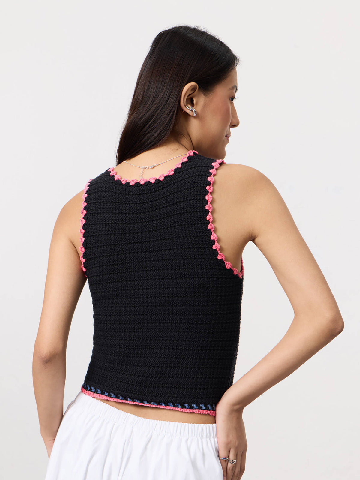Black Pure Cotton Embroidered Scoop Neck Sleeveless Crop Top | CT61 - view 5