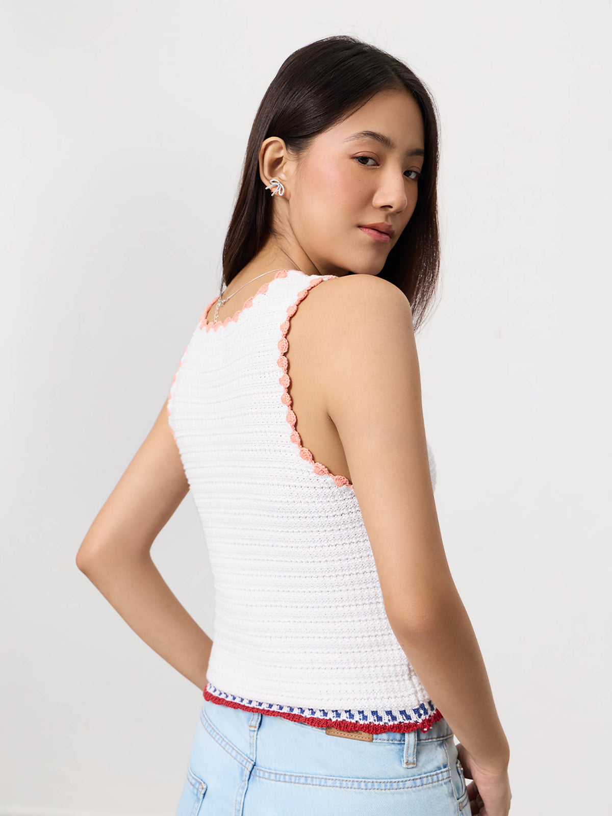 White Pure Cotton Embroidered Square Neck Sleeveless Top | CT61 - view 5