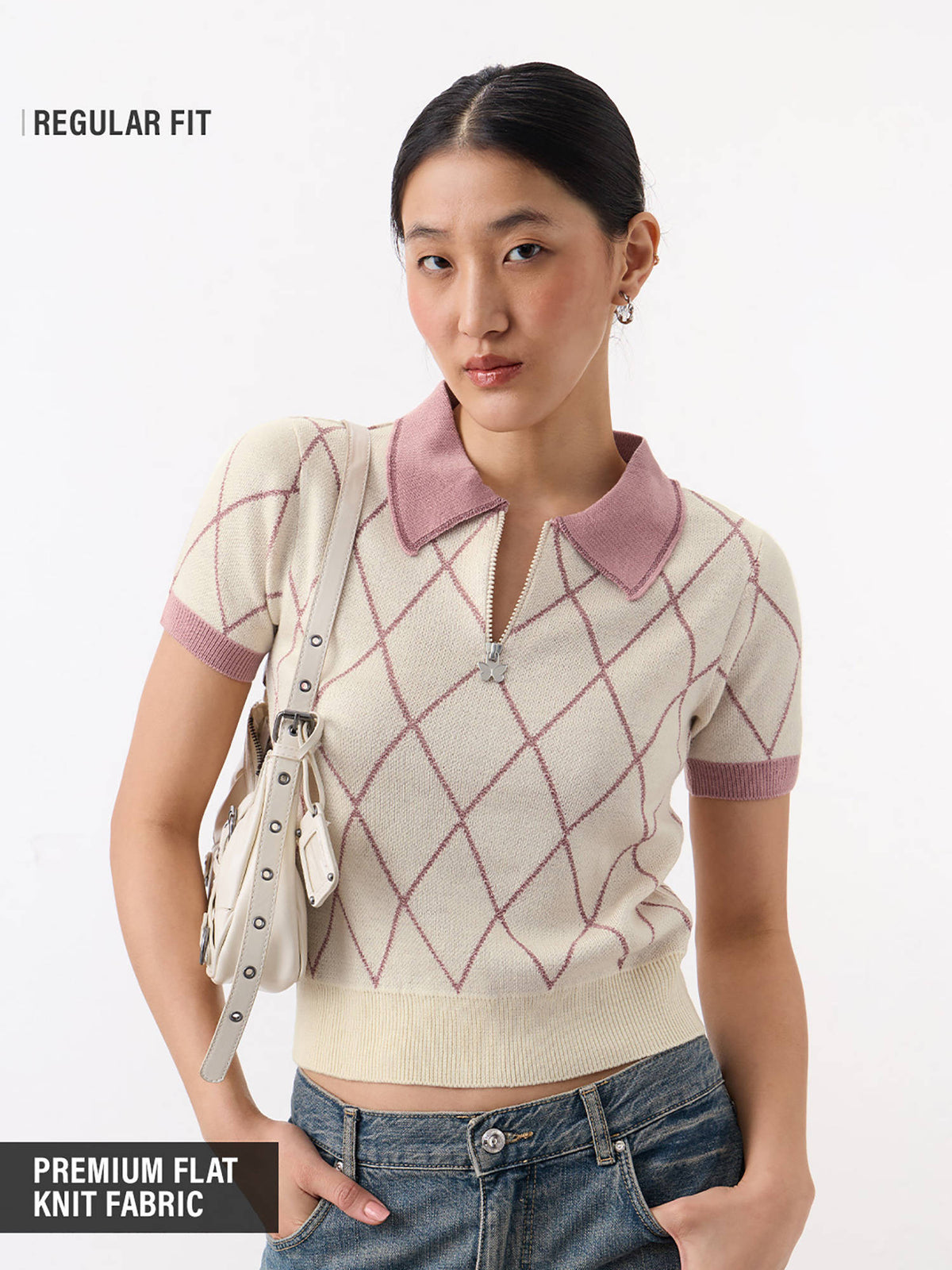Cream Acrylic Printed Collar Neck Half Sleeves Top | CT61 - view 1