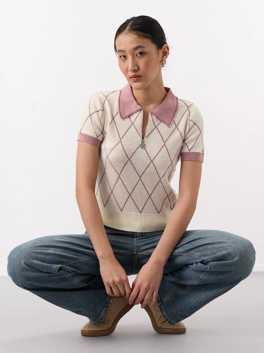 Cream Acrylic Printed Collar Neck Half Sleeves Top | CT61 - view 4