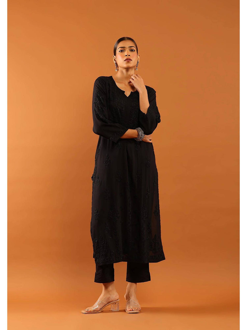 Fenal Modal Chikankari Solid Womens Straight Kurta with Pockets - Black | U3S - view 2